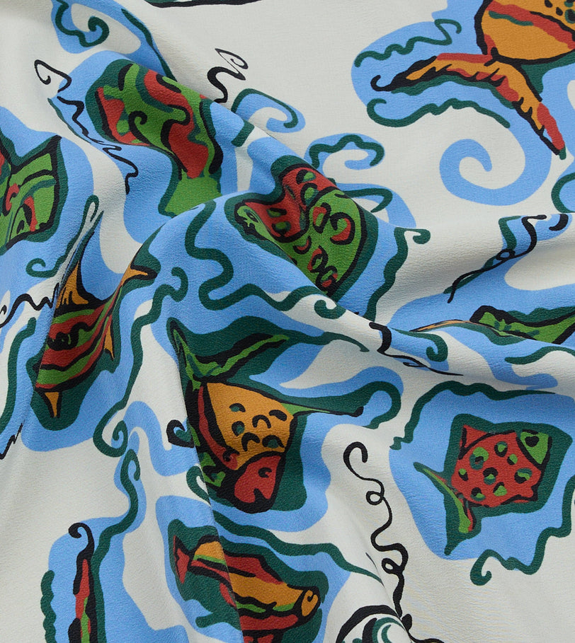 Ecru Fish Print Silk Pocket Square