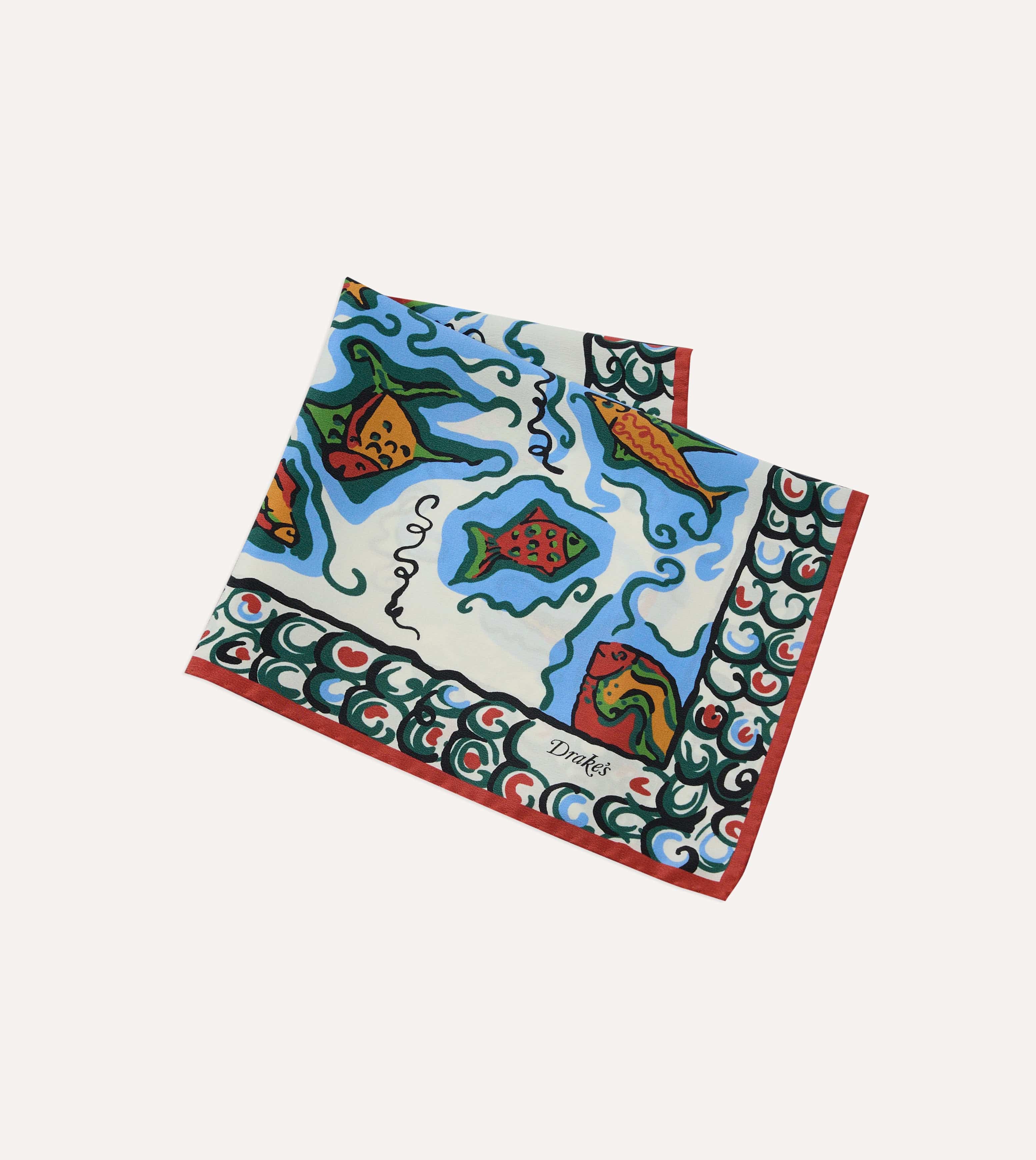 Ecru Fish Print Silk Pocket Square