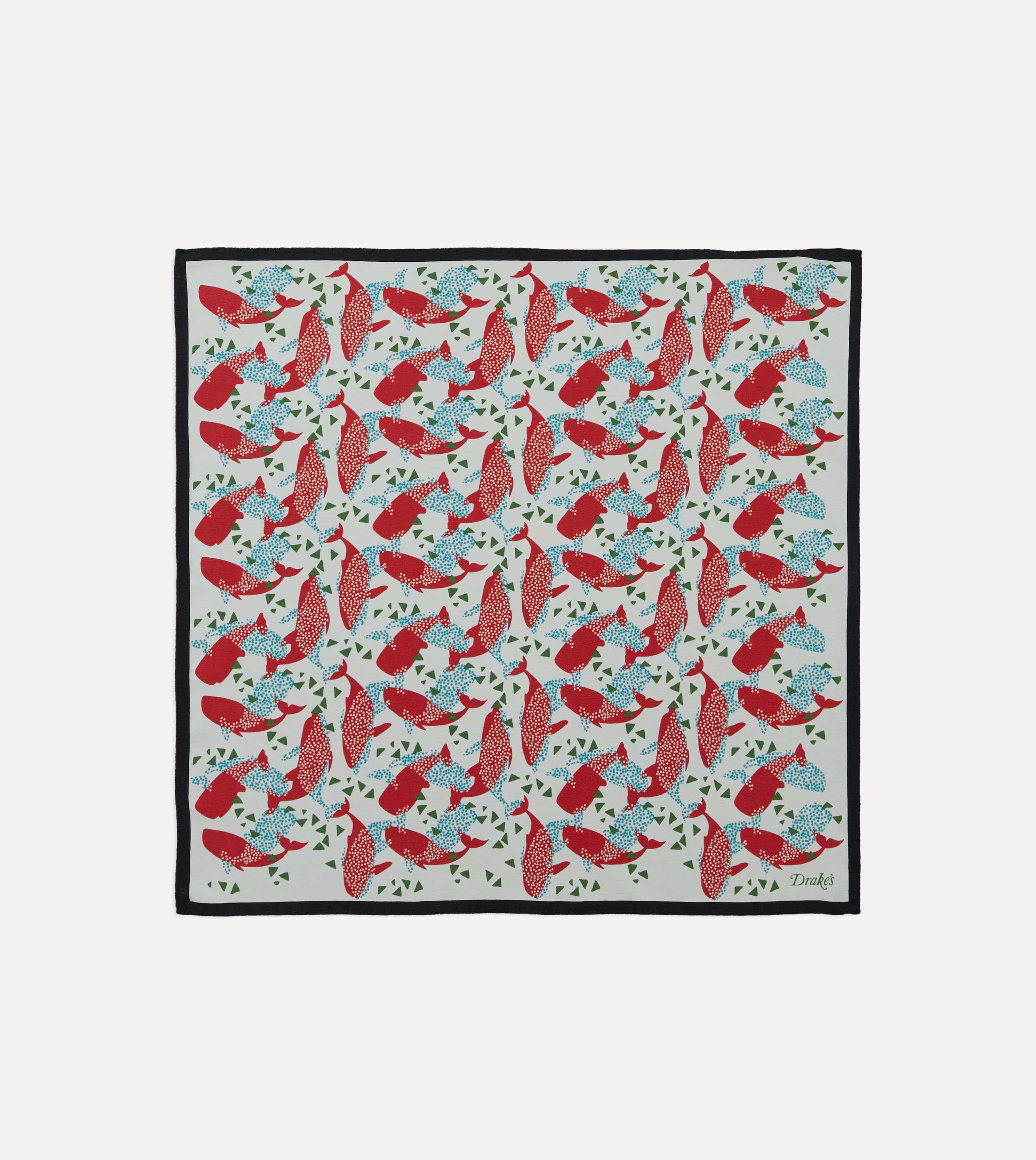 Ecru Whale Print Silk Pocket Square