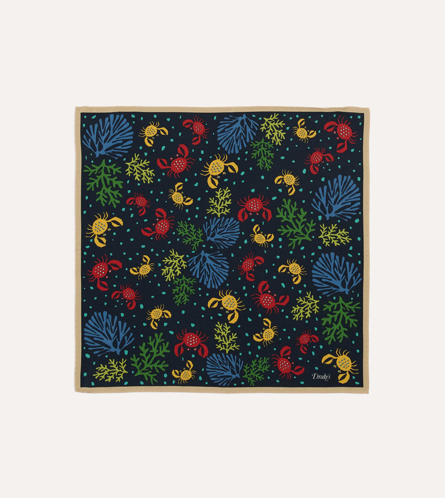 Navy Crab Print Silk Pocket Square