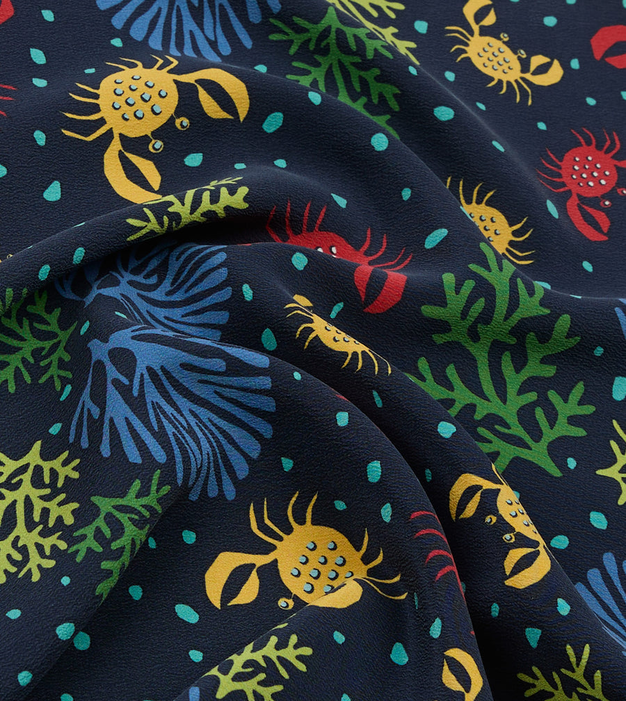 Navy Crab Print Silk Pocket Square