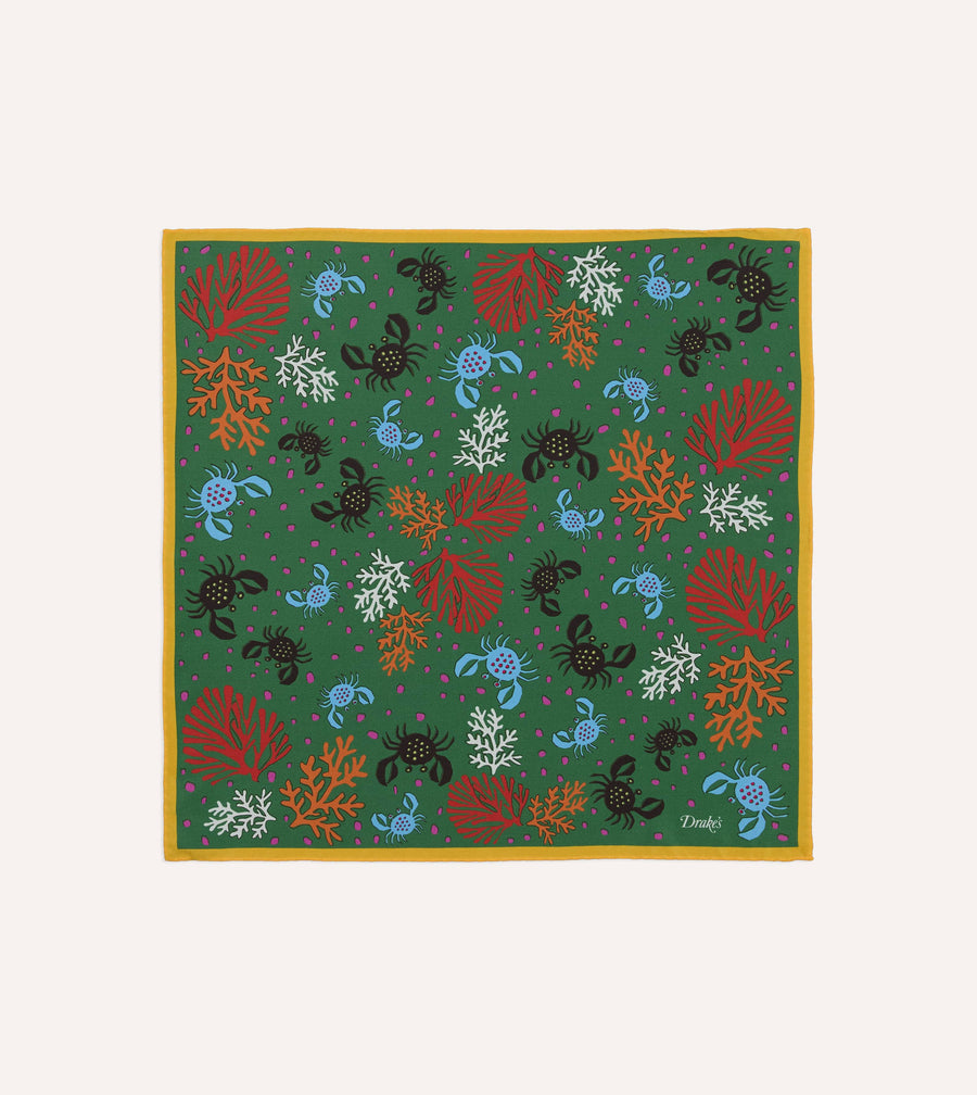Green Crab Print Silk Pocket Square