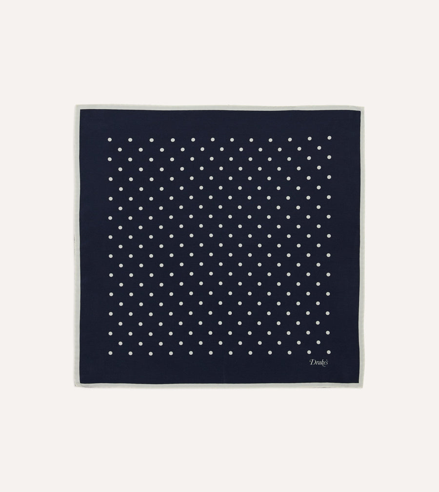 Navy Polka Dot Print Silk Pocket Square