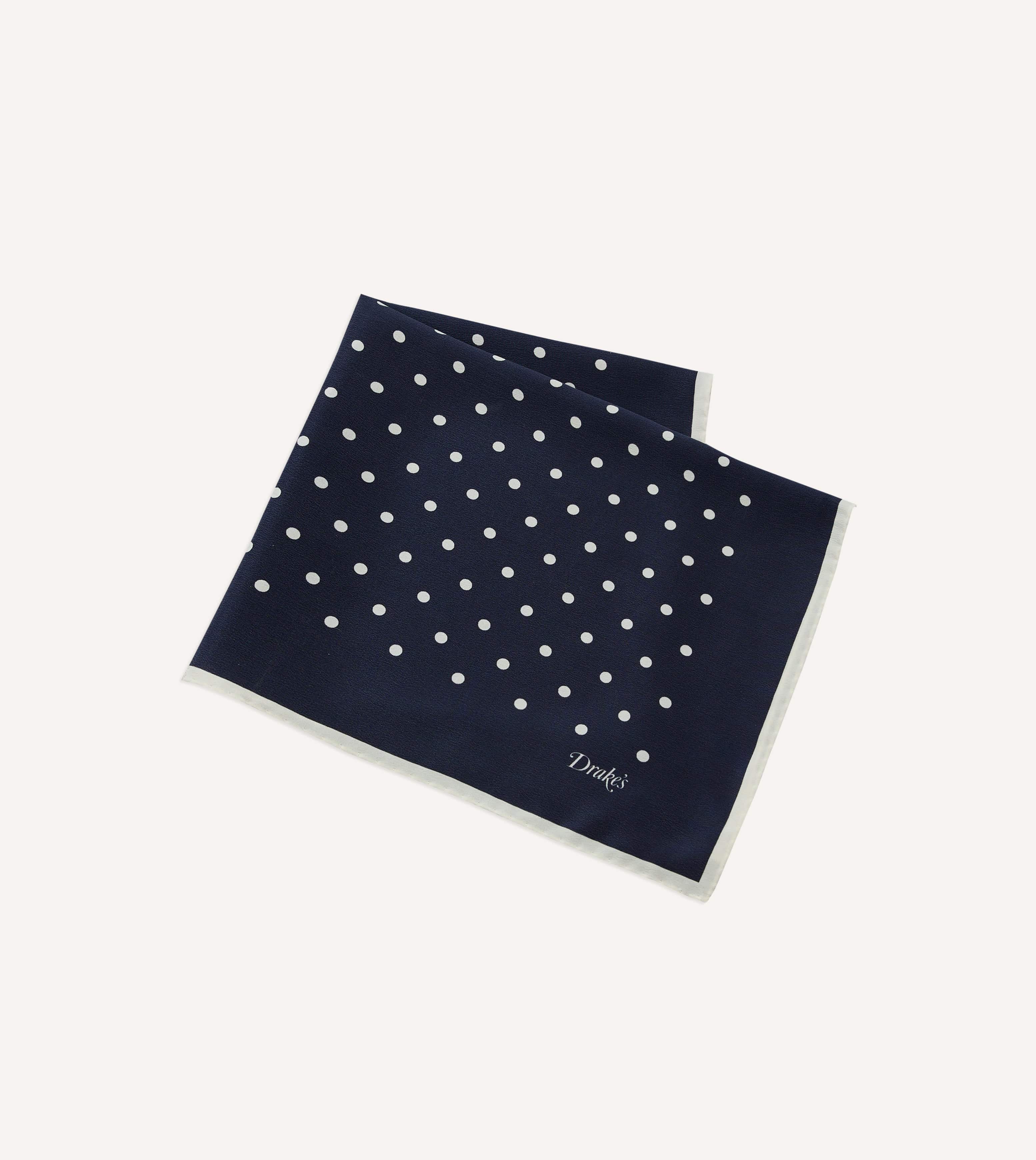 Navy Polka Dot Print Silk Pocket Square