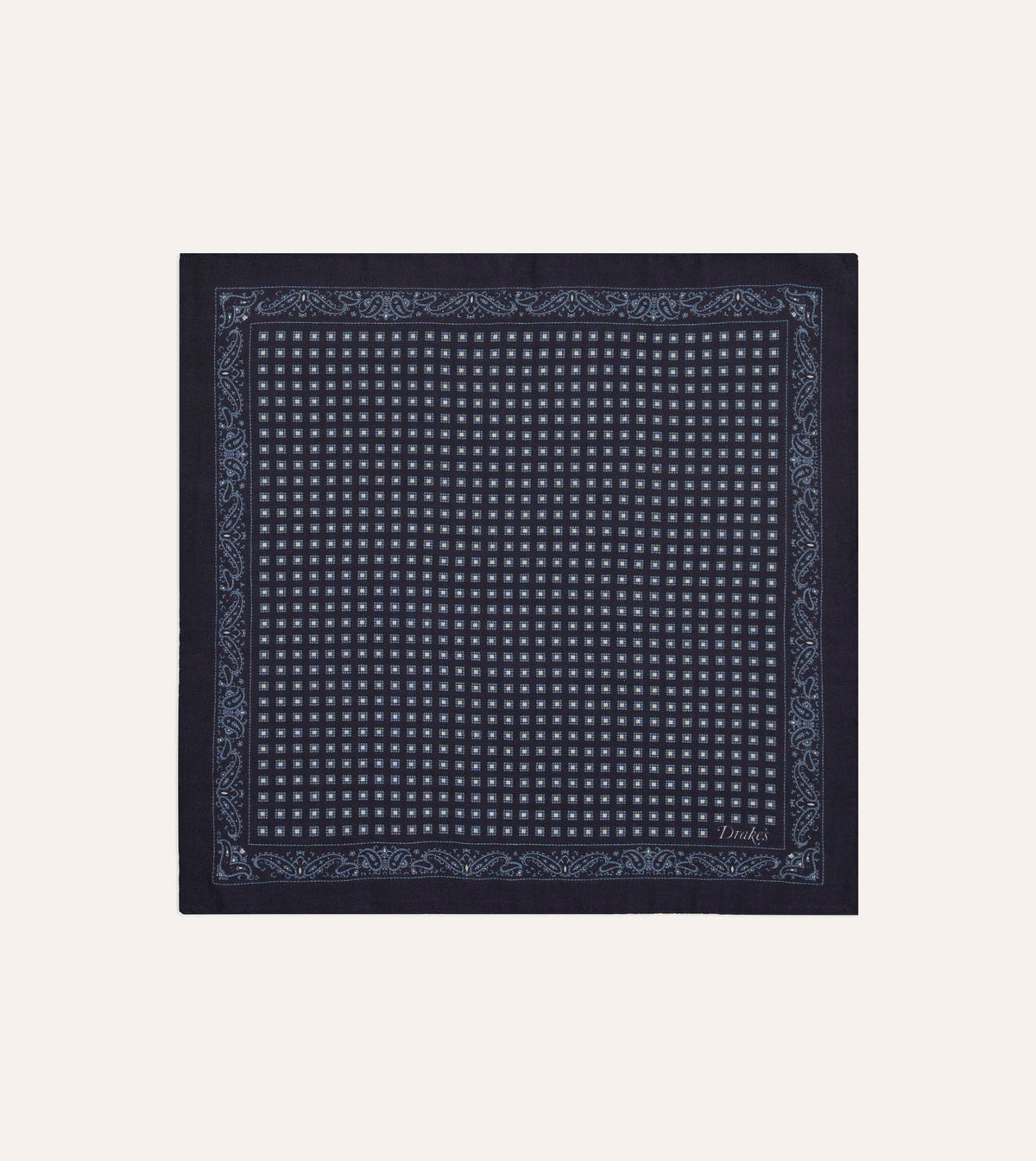 Navy Paisley Border Medallion Print Wool-Silk Pocket Square