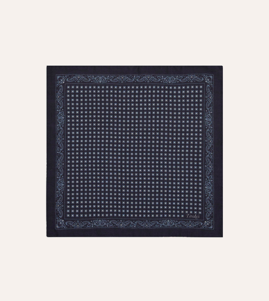 Navy Paisley Border Medallion Print Wool-Silk Pocket Square