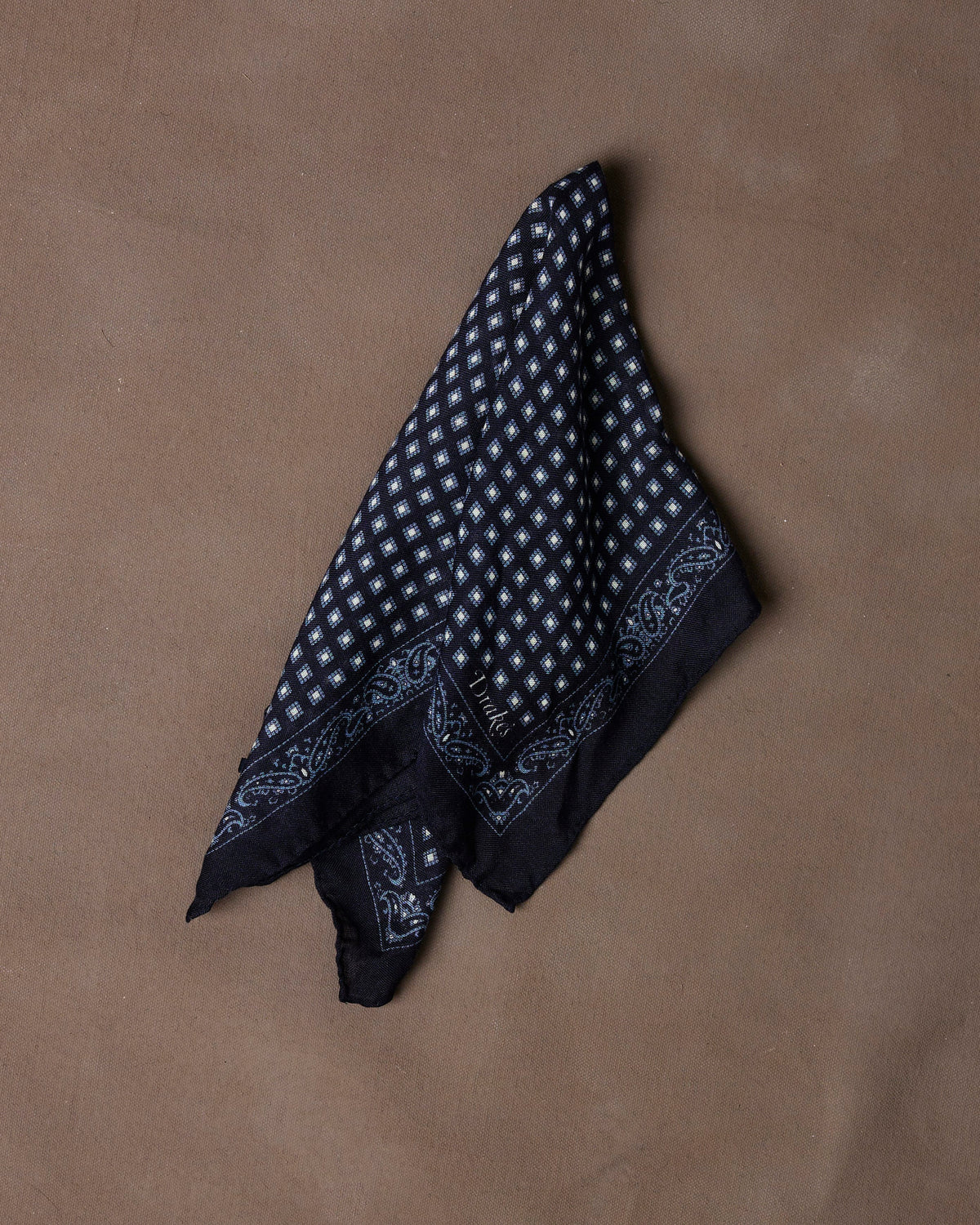 Navy Paisley Border Medallion Print Wool-Silk Pocket Square