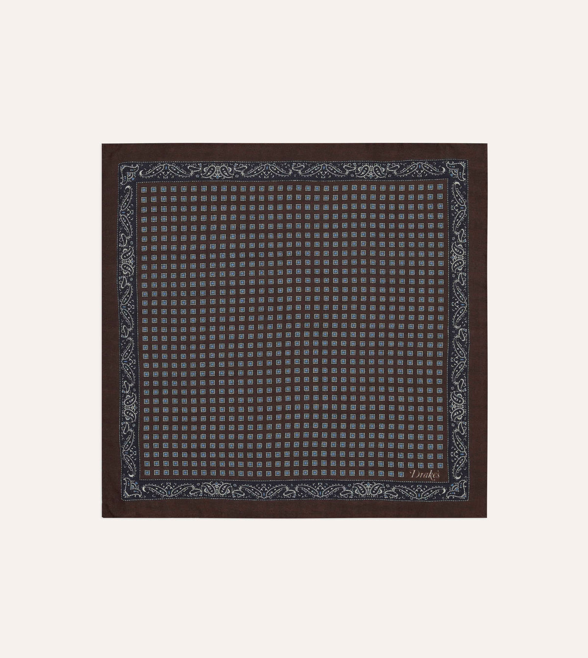 Brown Paisley Border Medallion Print Wool-Silk Pocket Square