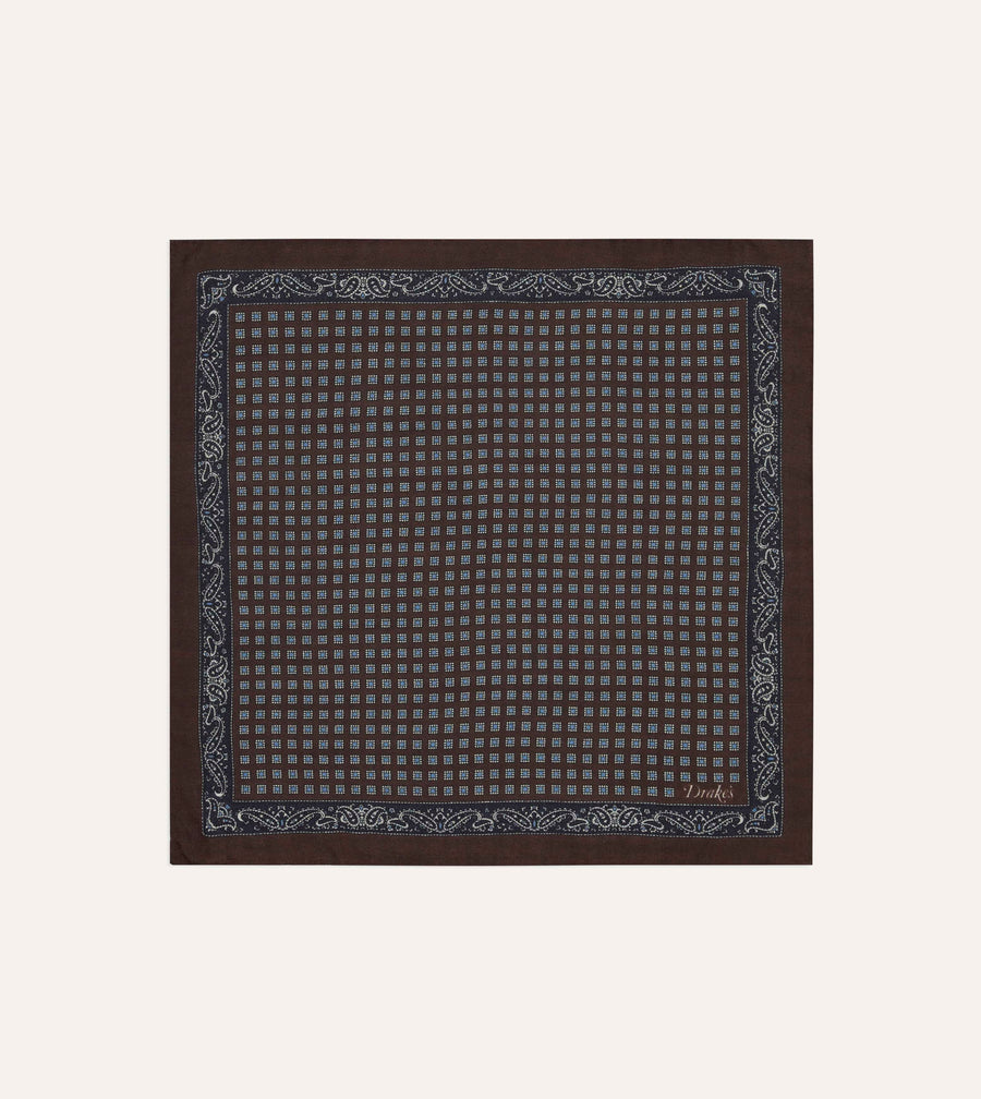 Brown Paisley Border Medallion Print Wool-Silk Pocket Square