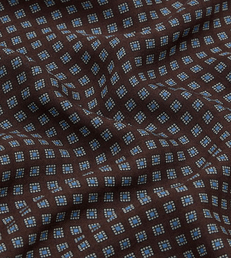 Brown Paisley Border Medallion Print Wool-Silk Pocket Square