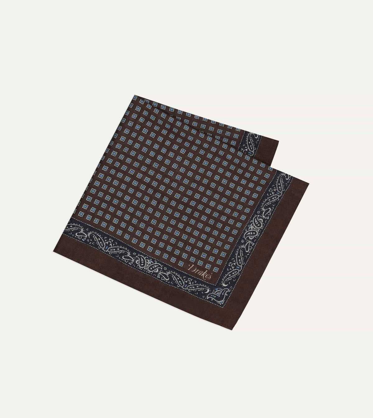 Brown Paisley Border Medallion Print Wool-Silk Pocket Square