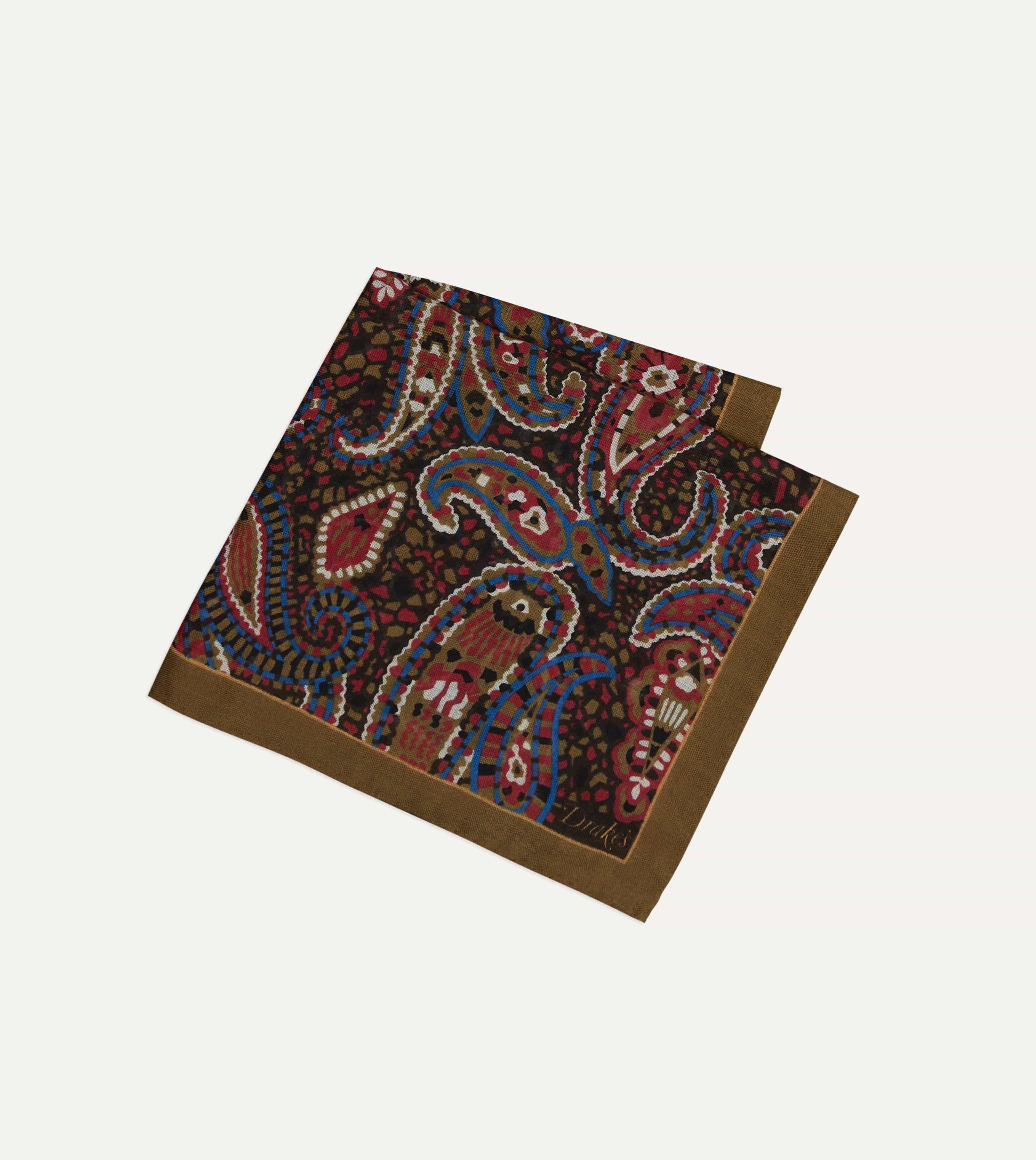 Brown Mosaic Paisley Print Wool-Silk Pocket Square