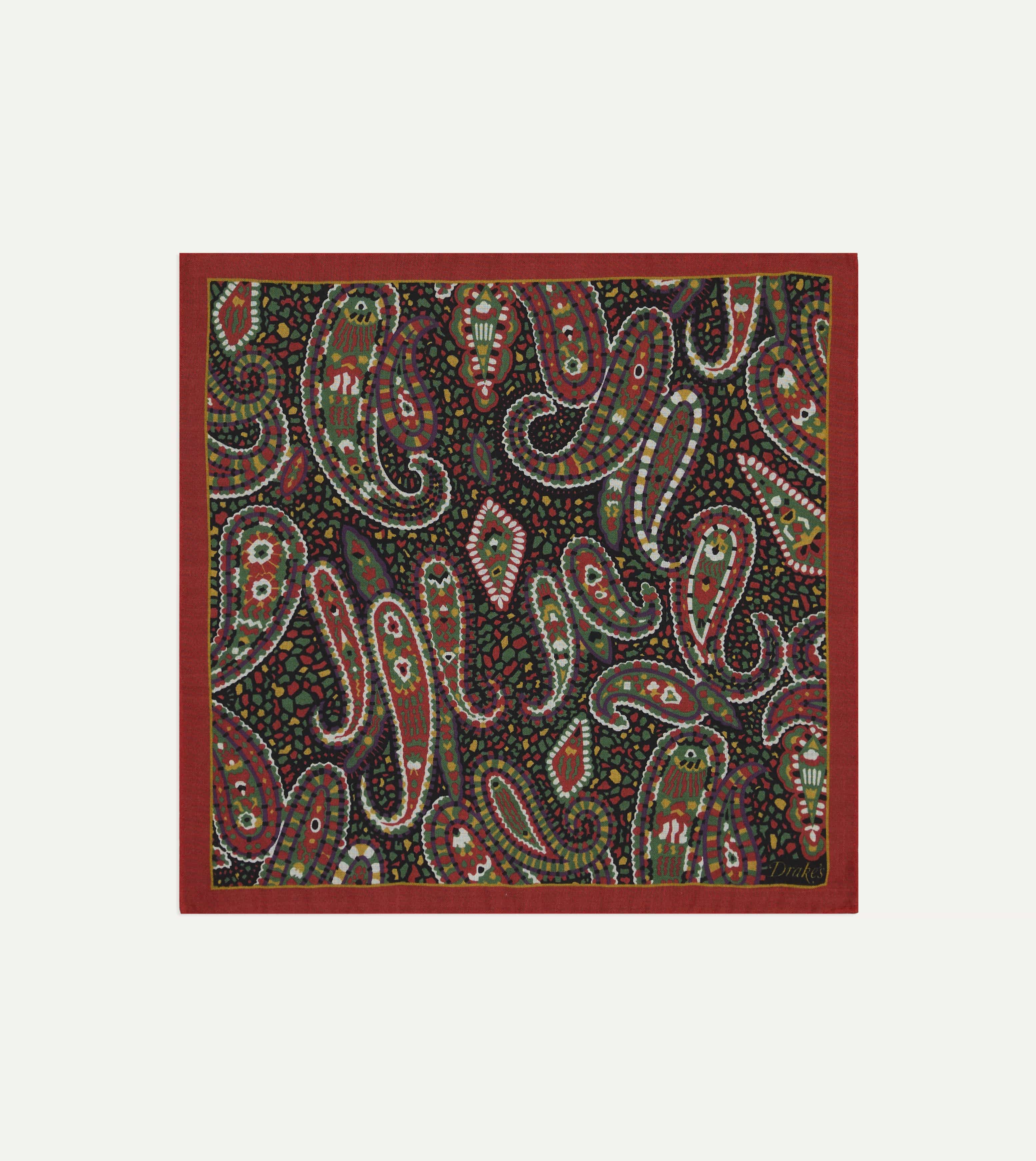 Red Mosaic Paisley Print Wool-Silk Pocket Square