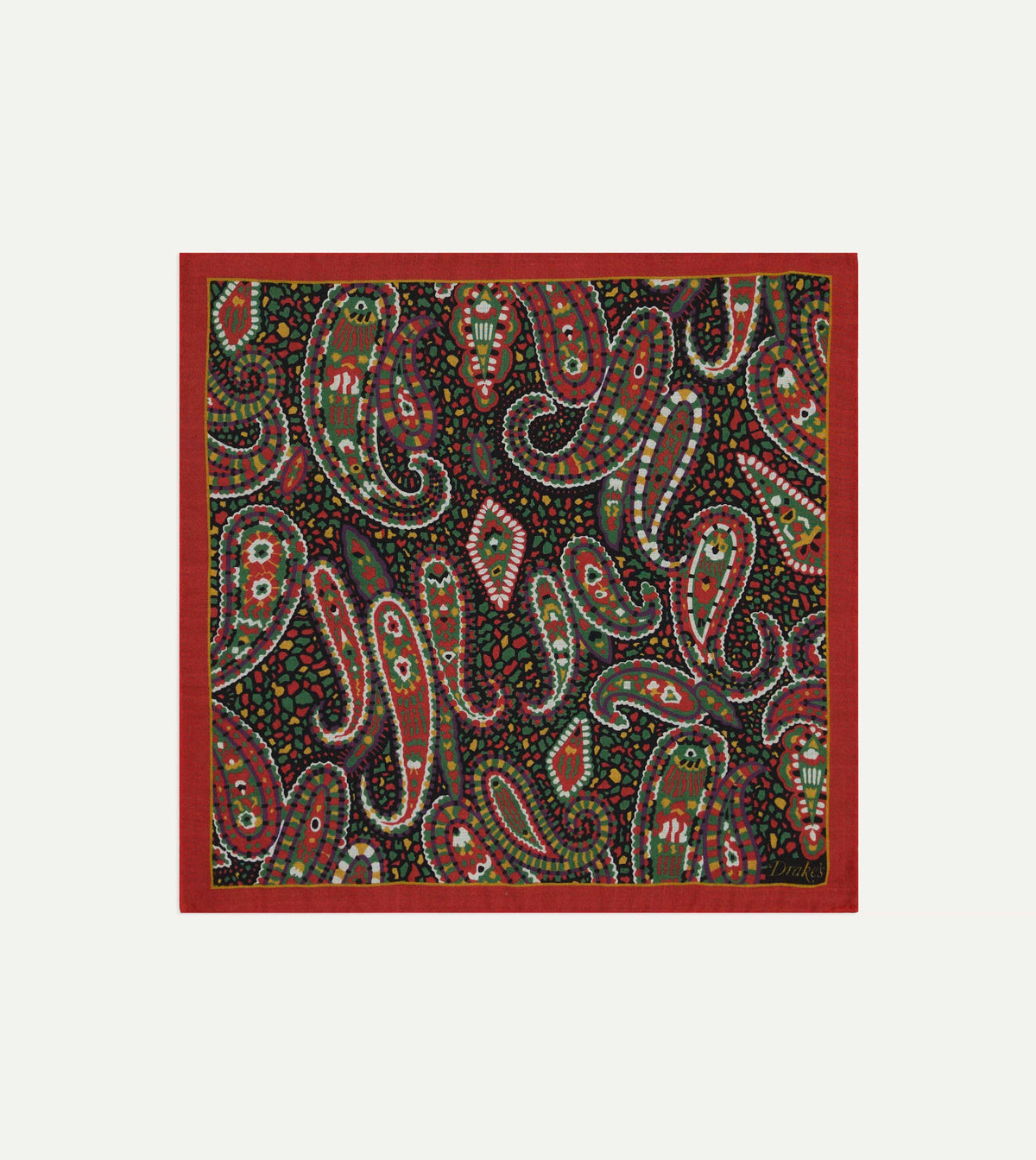 Red Mosaic Paisley Print Wool-Silk Pocket Square