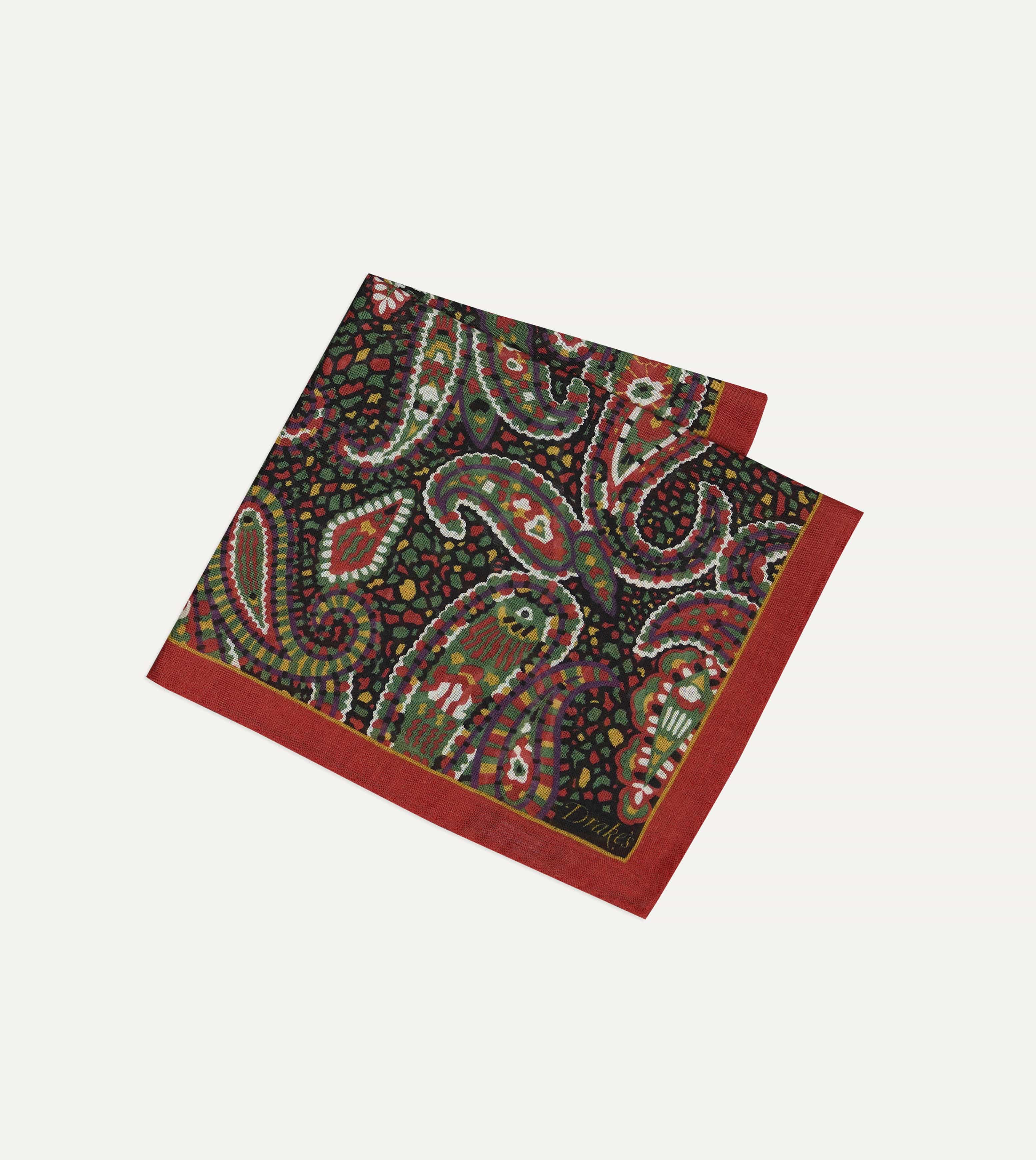 Red Mosaic Paisley Print Wool-Silk Pocket Square