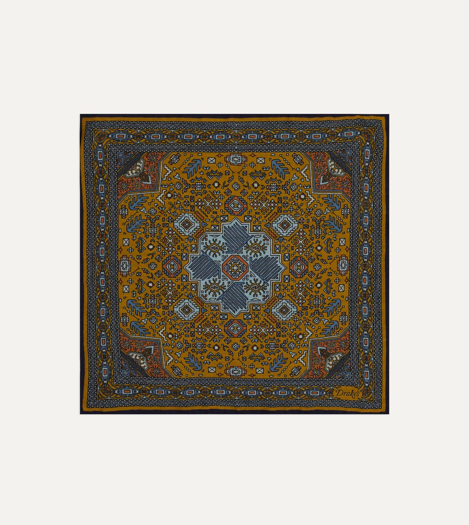 Yellow and Navy Kelim Print Wool-Silk Pocket Square