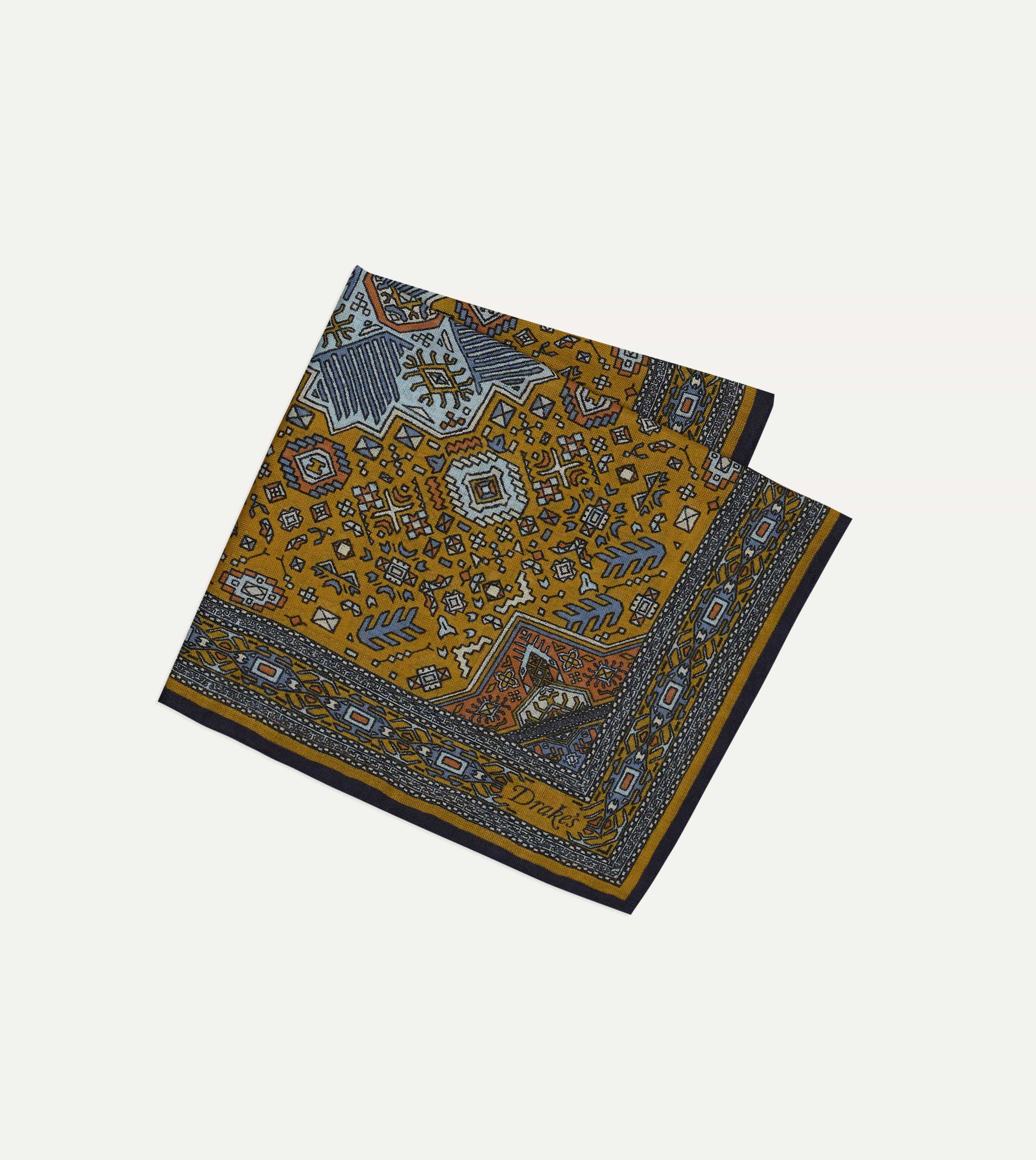 Yellow and Navy Kelim Print Wool-Silk Pocket Square