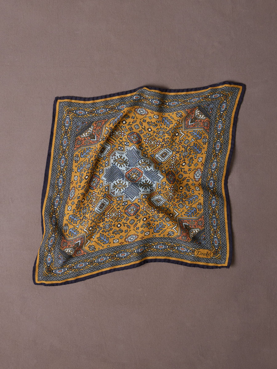 Yellow and Navy Kelim Print Wool-Silk Pocket Square