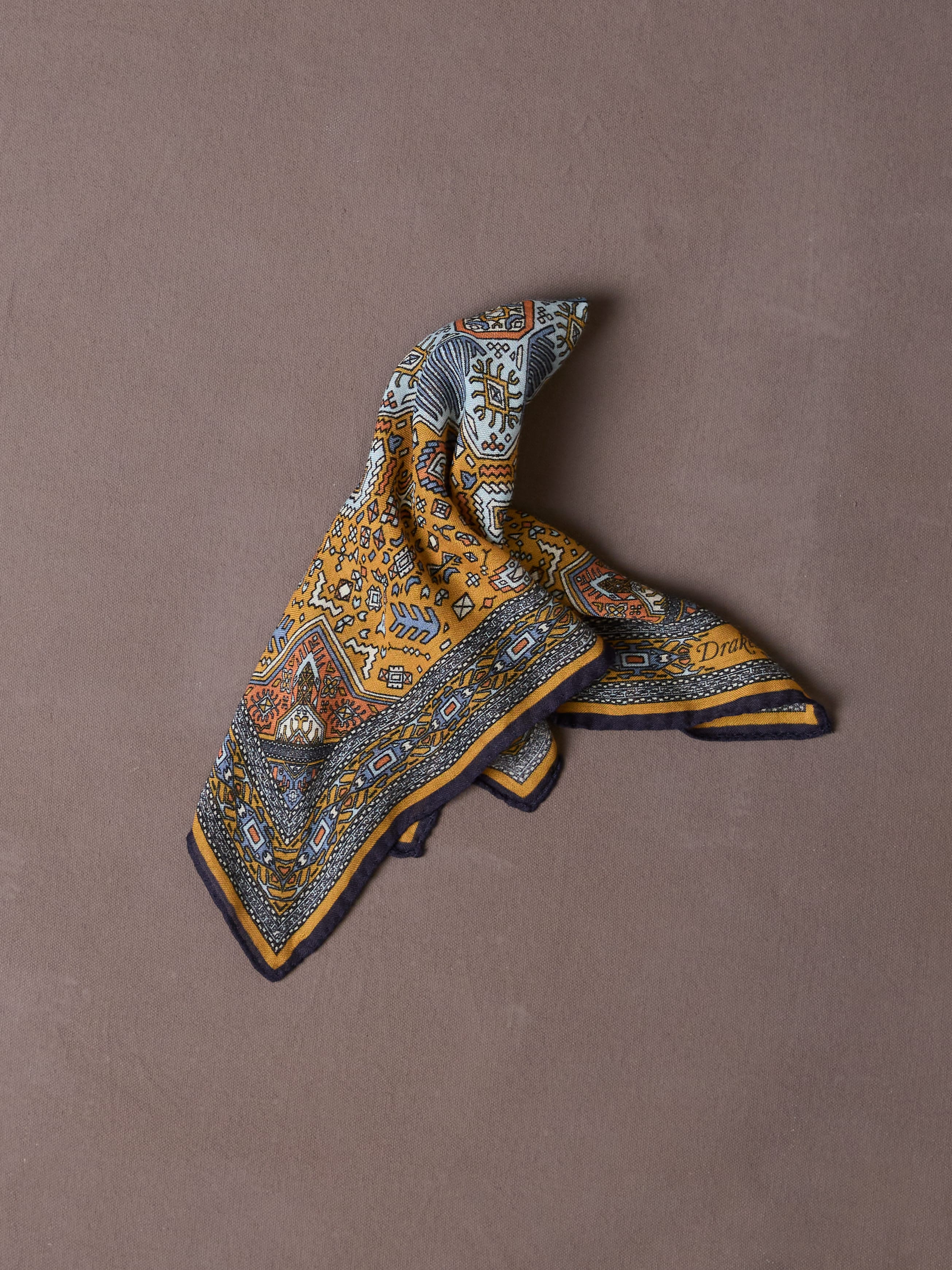 Yellow and Navy Kelim Print Wool-Silk Pocket Square