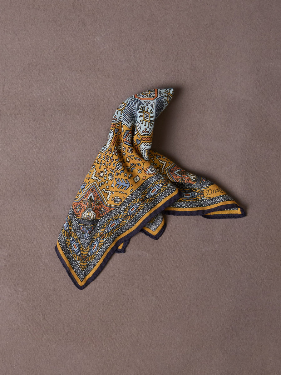 Yellow and Navy Kelim Print Wool-Silk Pocket Square