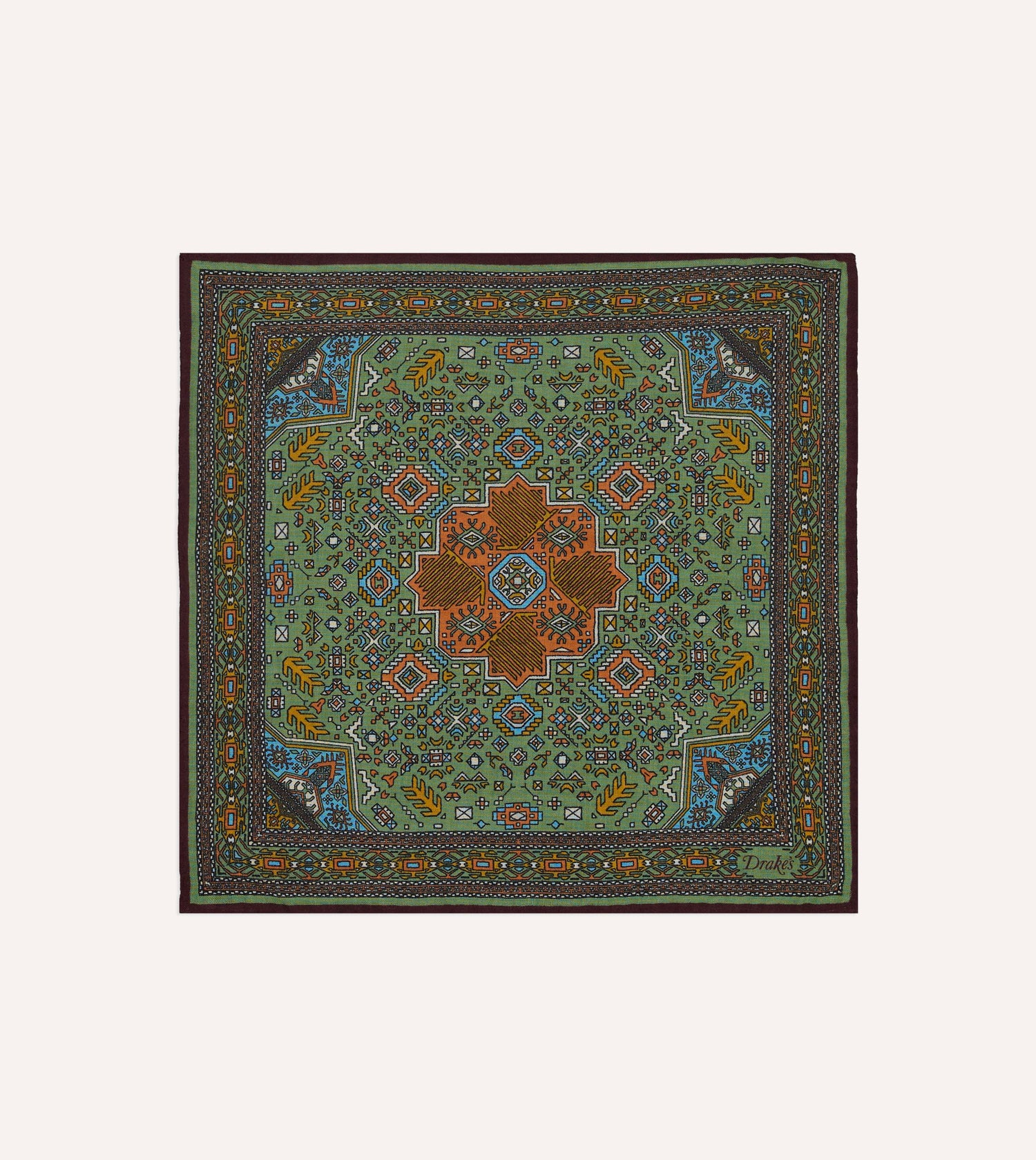 Olive and Burgundy Kelim Print Wool-Silk Pocket Square