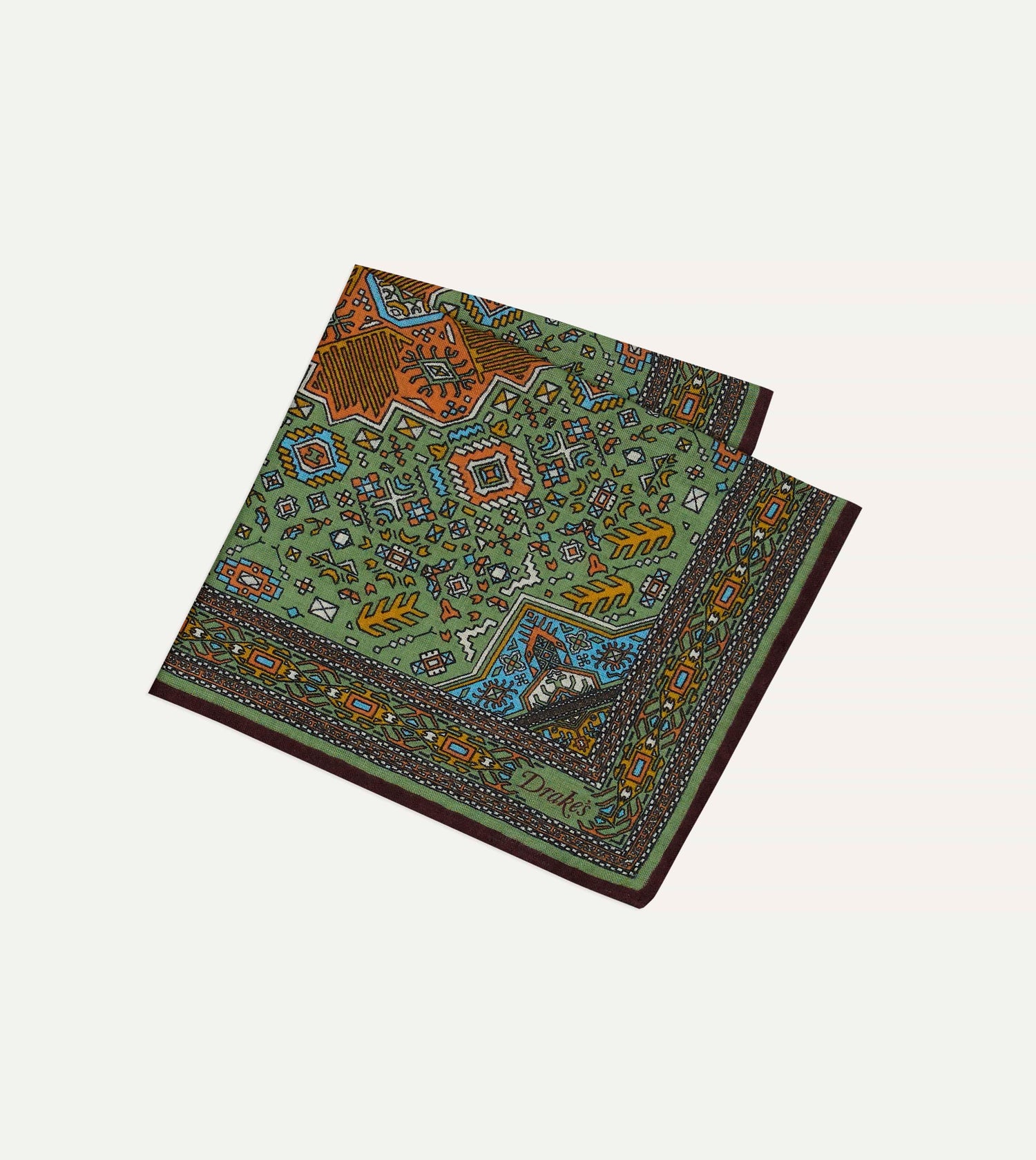 Olive and Burgundy Kelim Print Wool-Silk Pocket Square