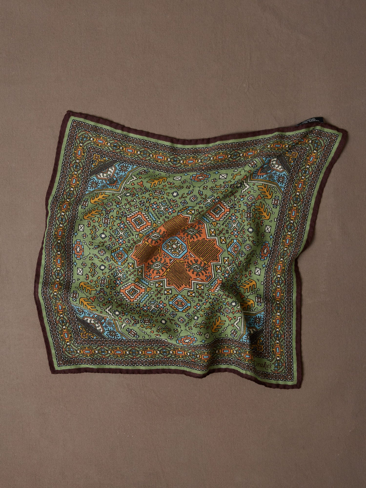 Olive and Burgundy Kelim Print Wool-Silk Pocket Square