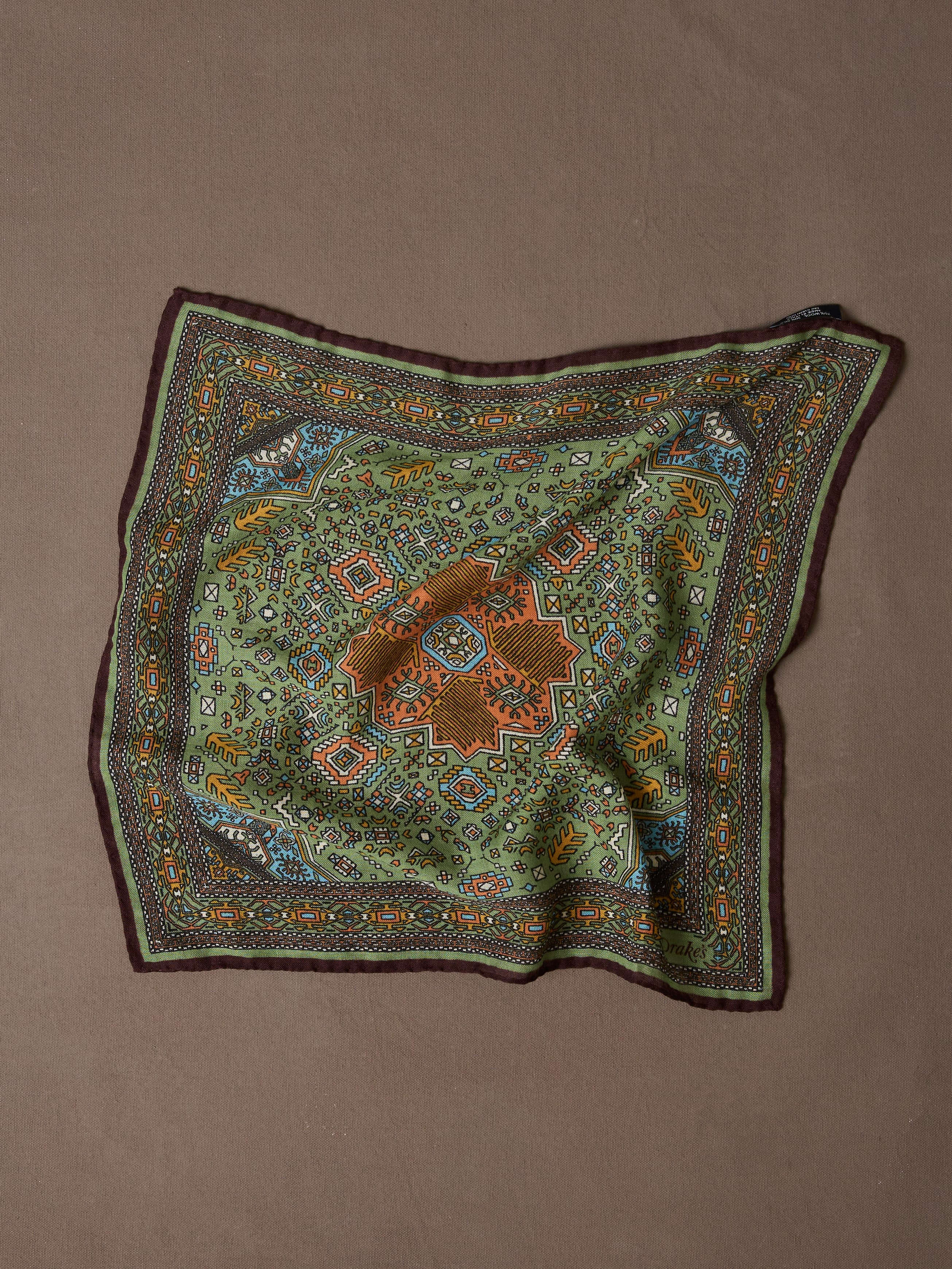 Olive and Burgundy Kelim Print Wool-Silk Pocket Square
