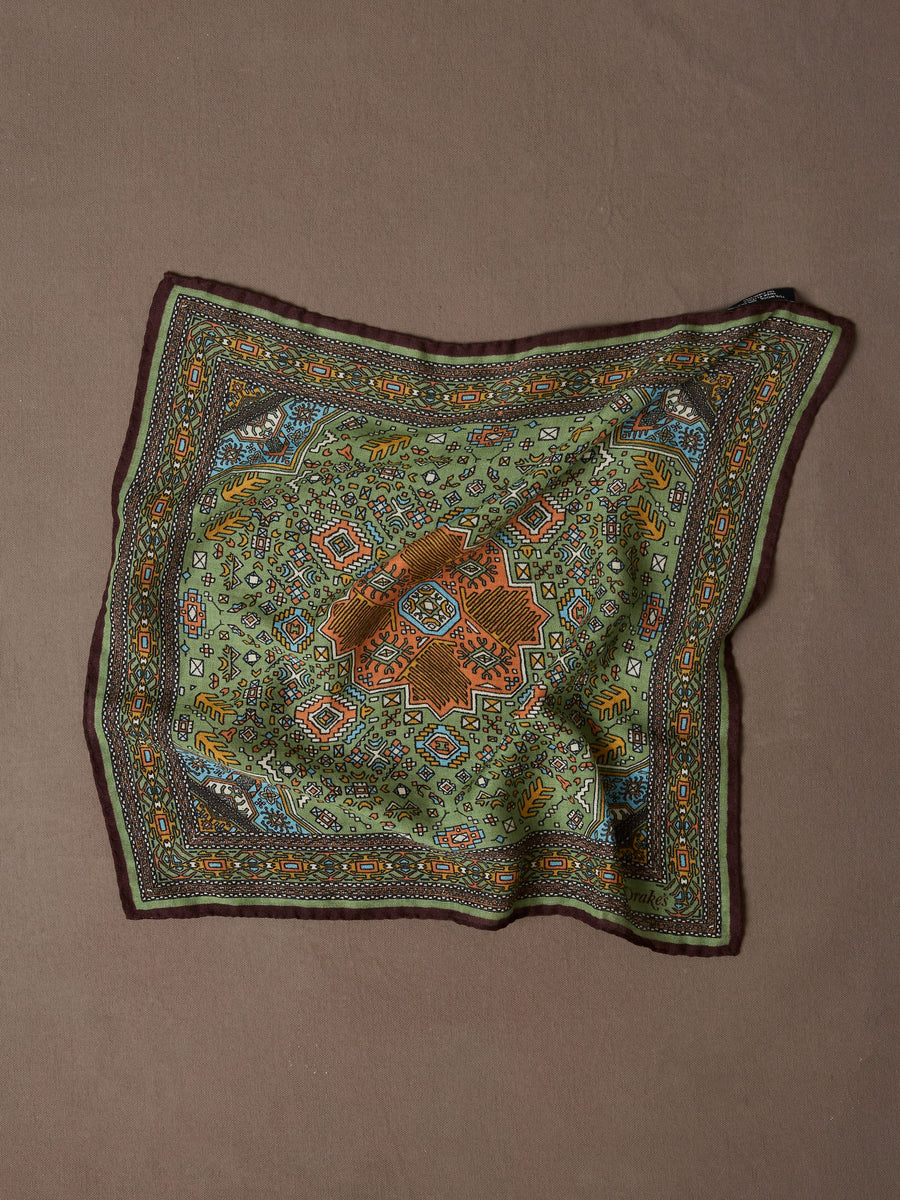 Olive and Burgundy Kelim Print Wool-Silk Pocket Square