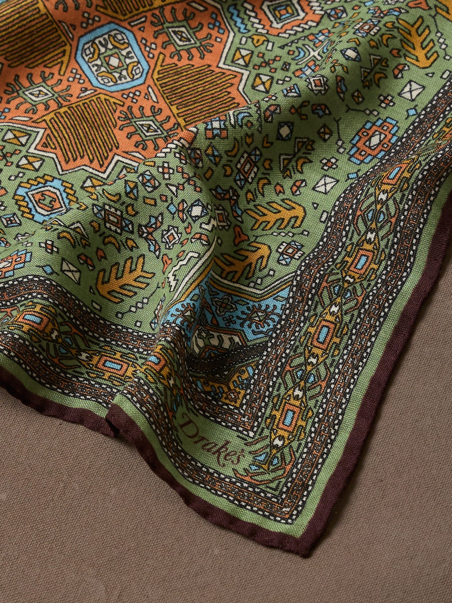 Olive and Burgundy Kelim Print Wool-Silk Pocket Square