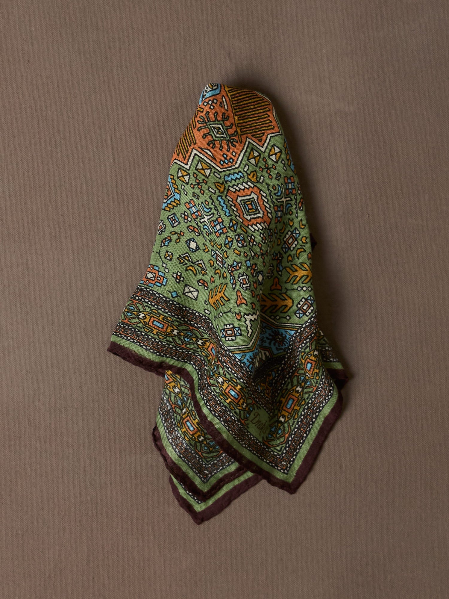 Olive and Burgundy Kelim Print Wool-Silk Pocket Square