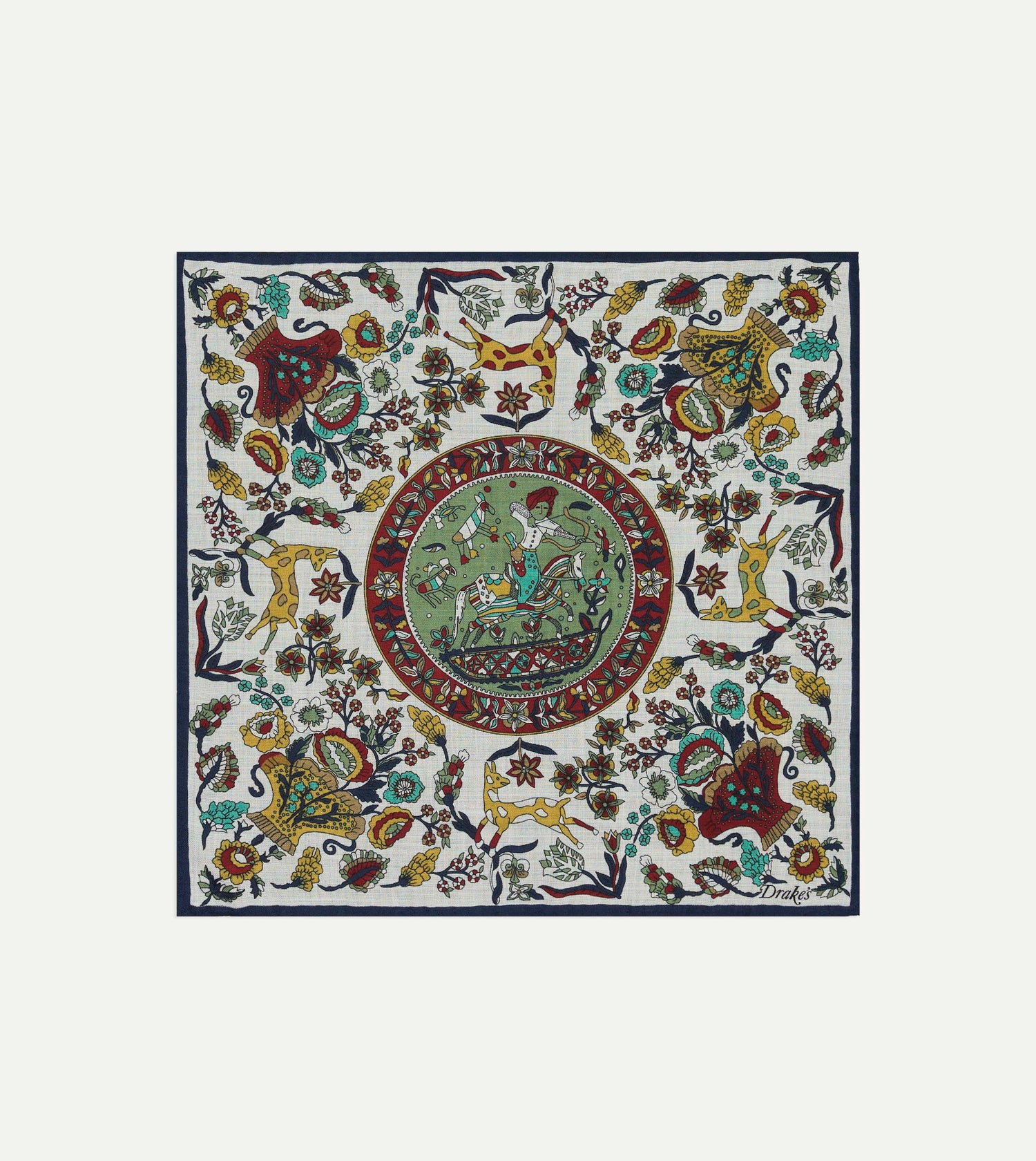 Ecru Folk Rider Print Wool-Silk Pocket Square