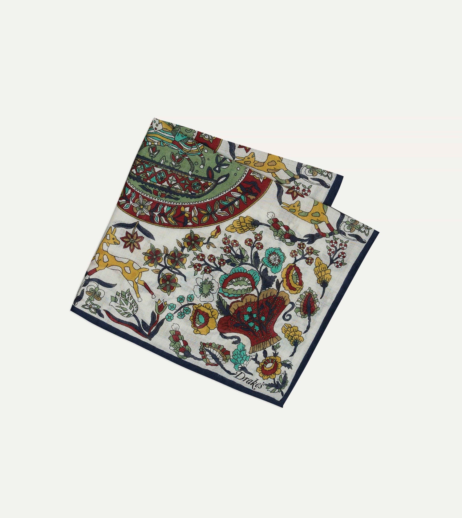 Ecru Folk Rider Print Wool-Silk Pocket Square