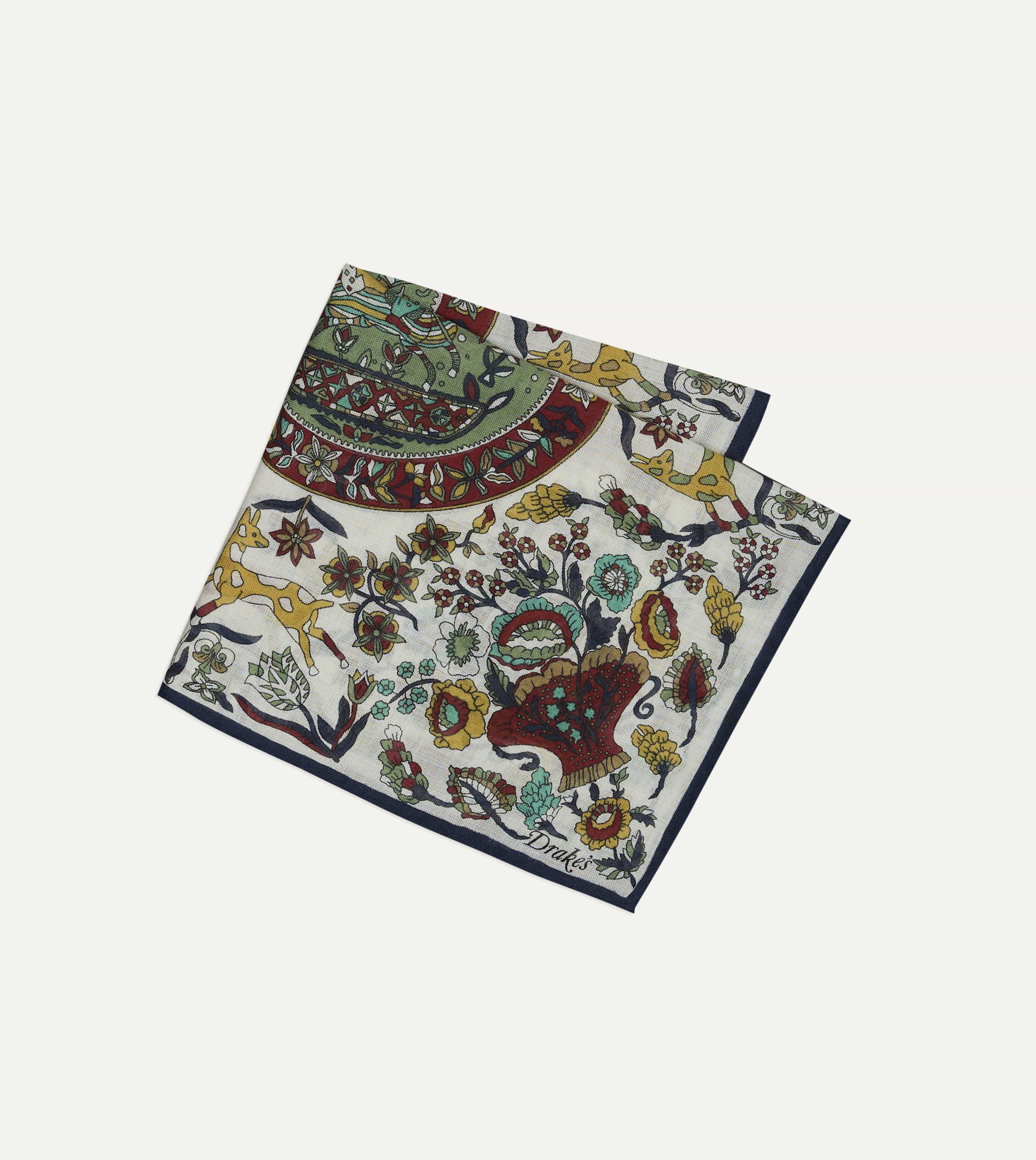 Ecru Folk Rider Print Wool-Silk Pocket Square