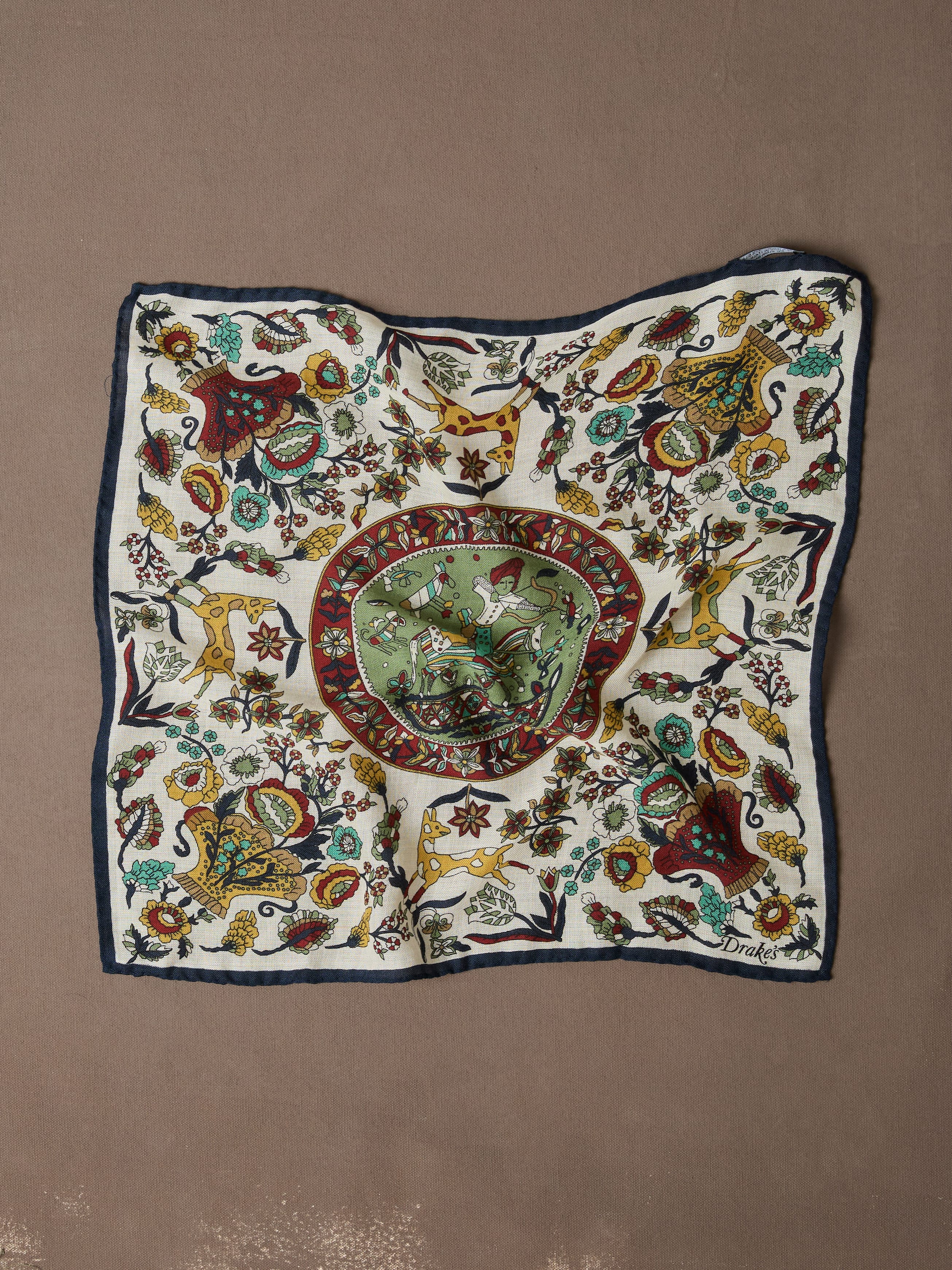 Ecru Folk Rider Print Wool-Silk Pocket Square