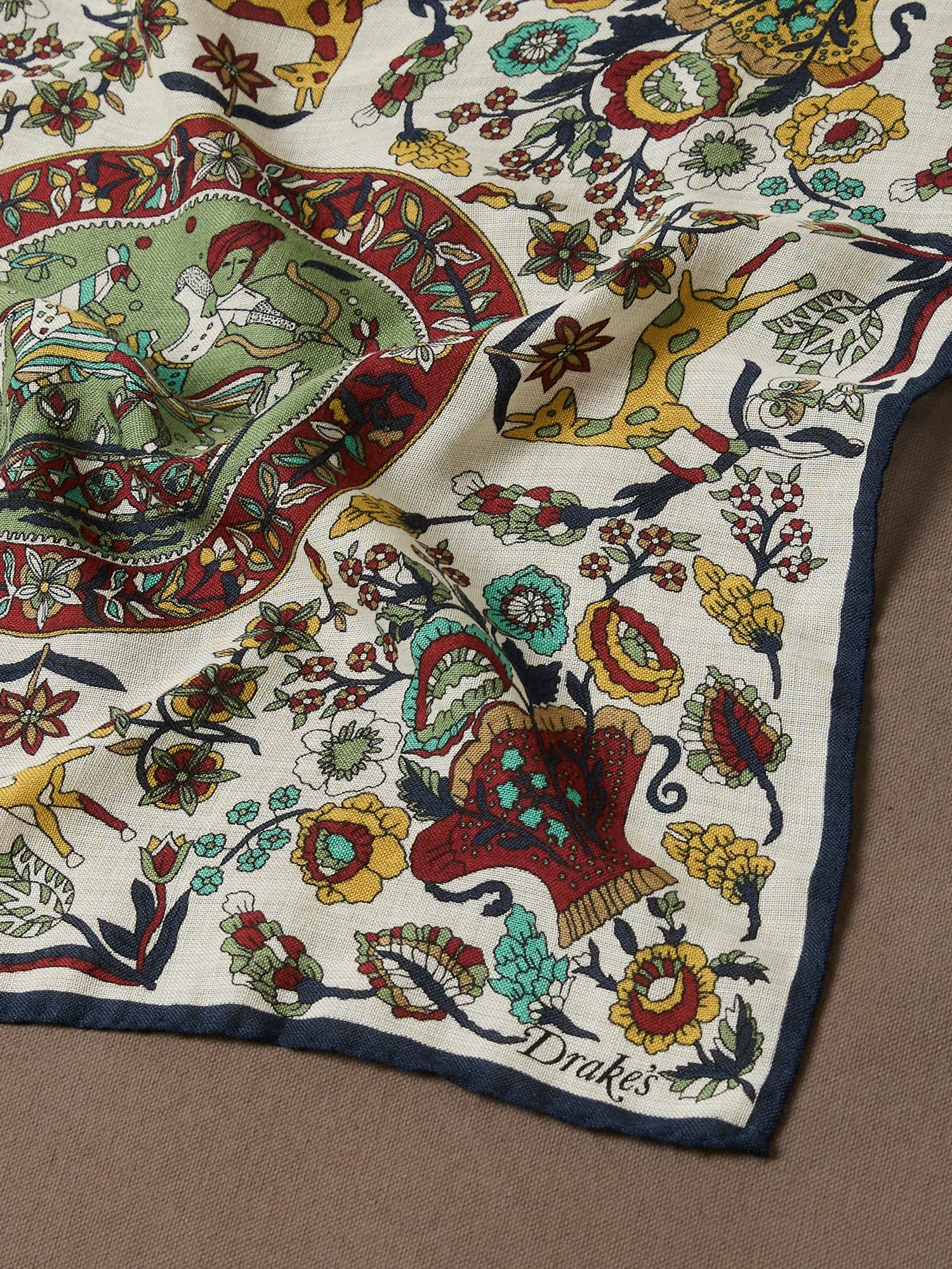 Ecru Folk Rider Print Wool-Silk Pocket Square