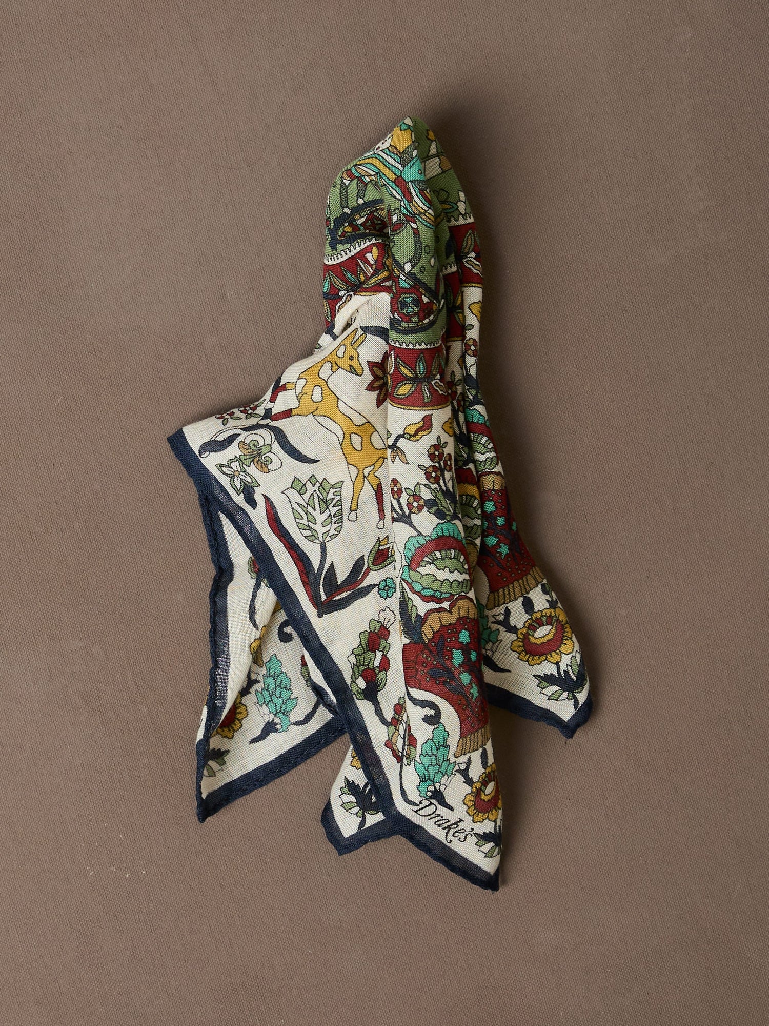 Ecru Folk Rider Print Wool-Silk Pocket Square