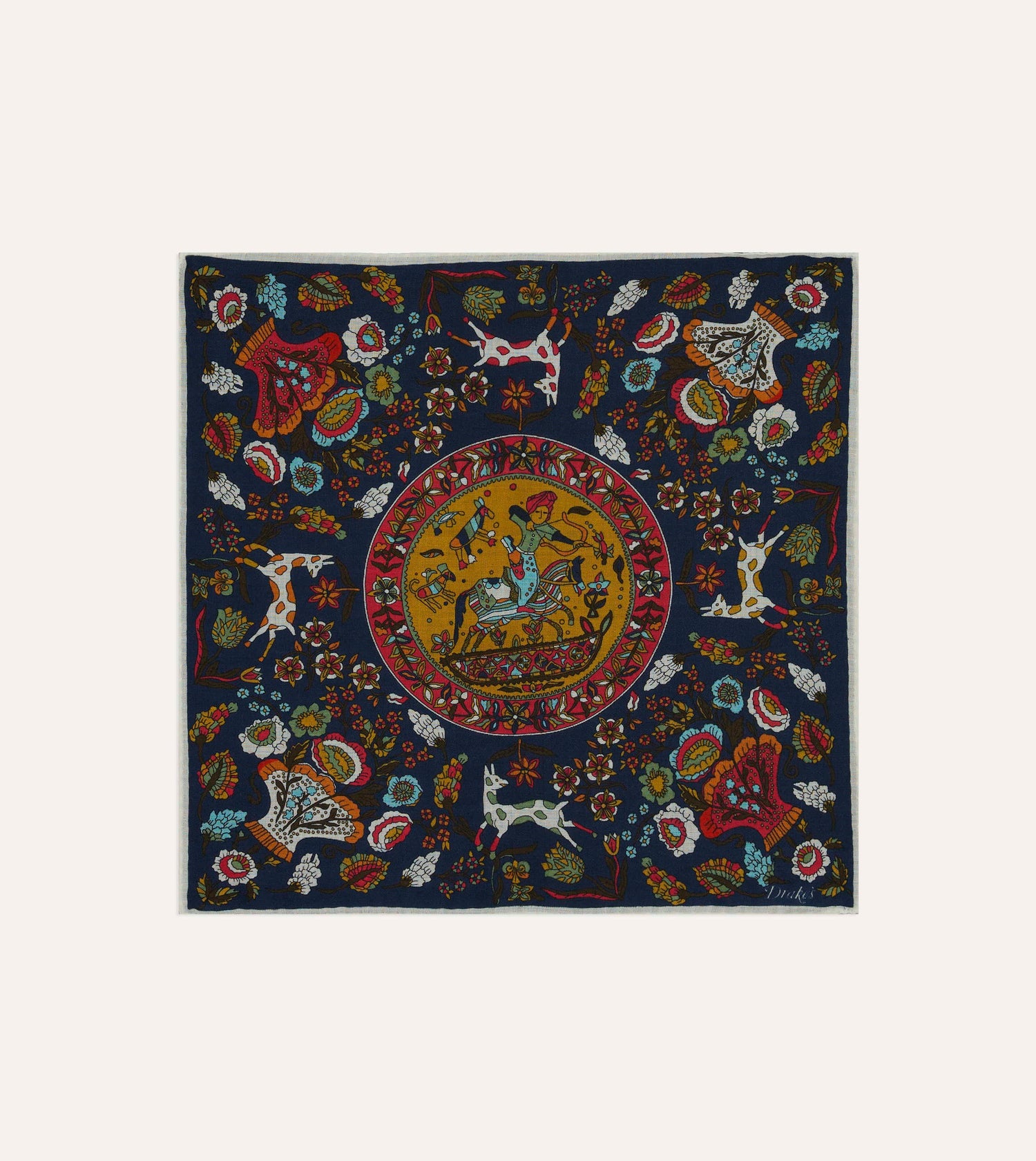 Navy Folk Rider Print Wool-Silk Pocket Square