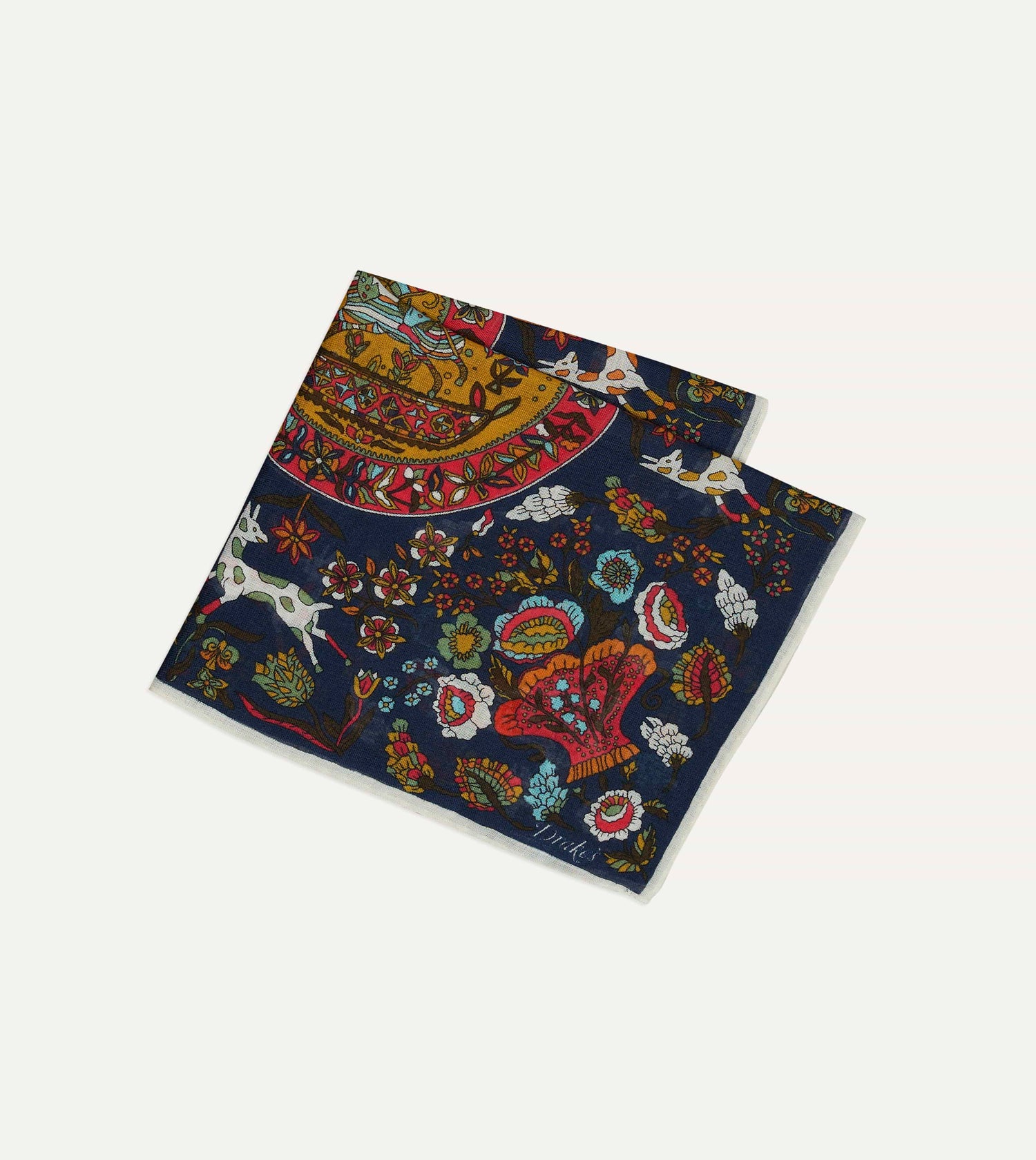 Navy Folk Rider Print Wool-Silk Pocket Square