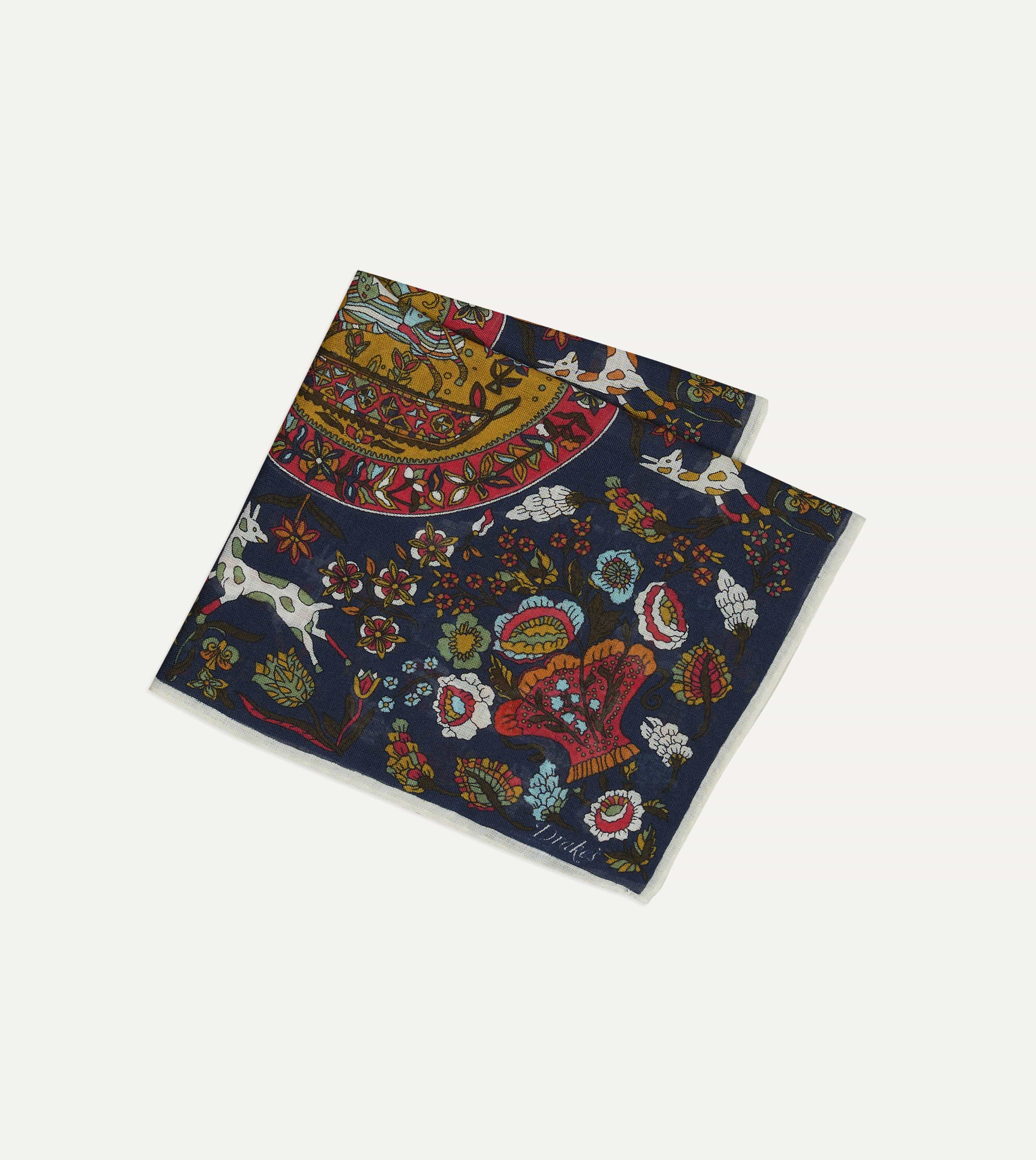 Navy Folk Rider Print Wool-Silk Pocket Square