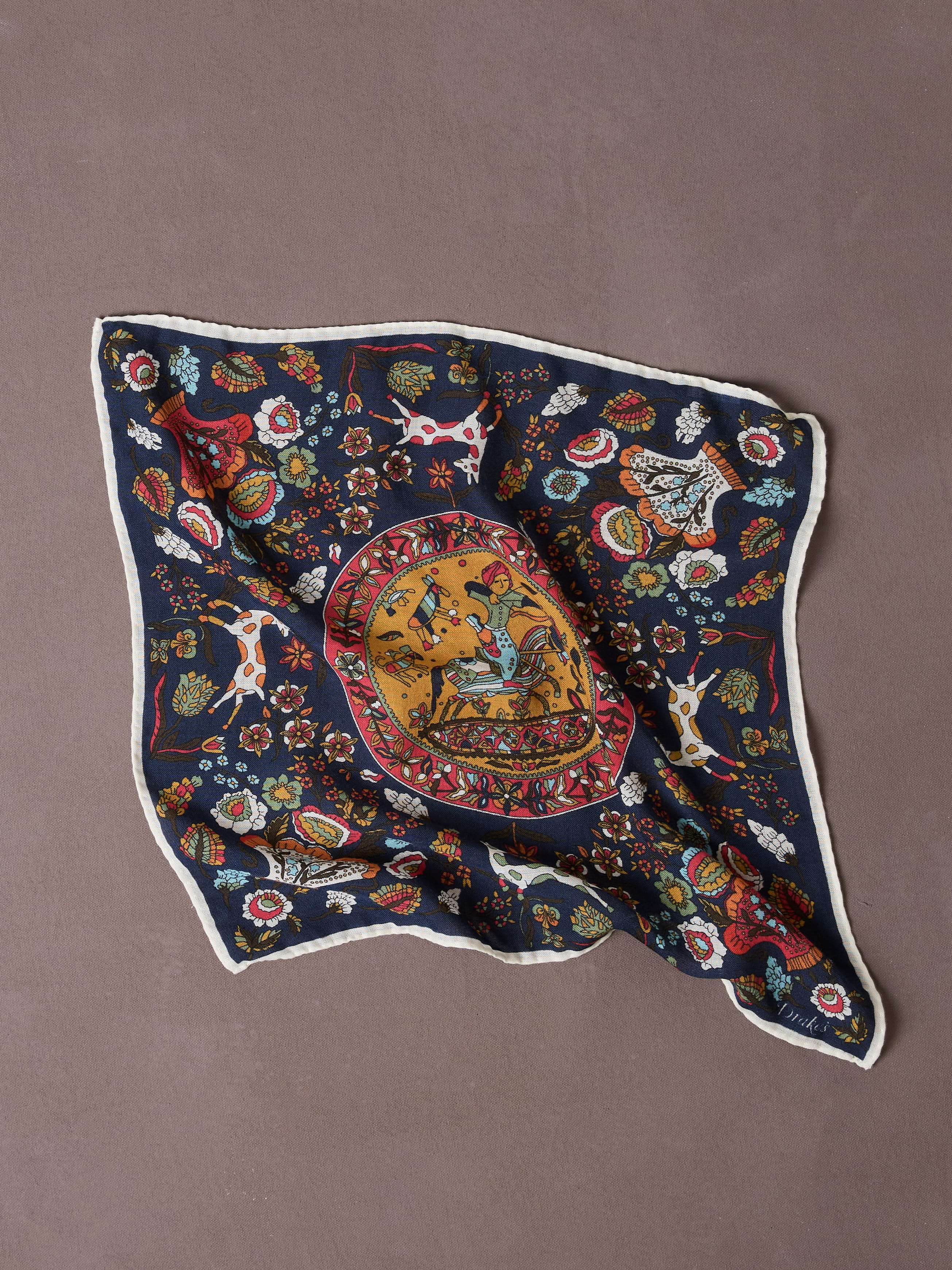 Navy Folk Rider Print Wool-Silk Pocket Square