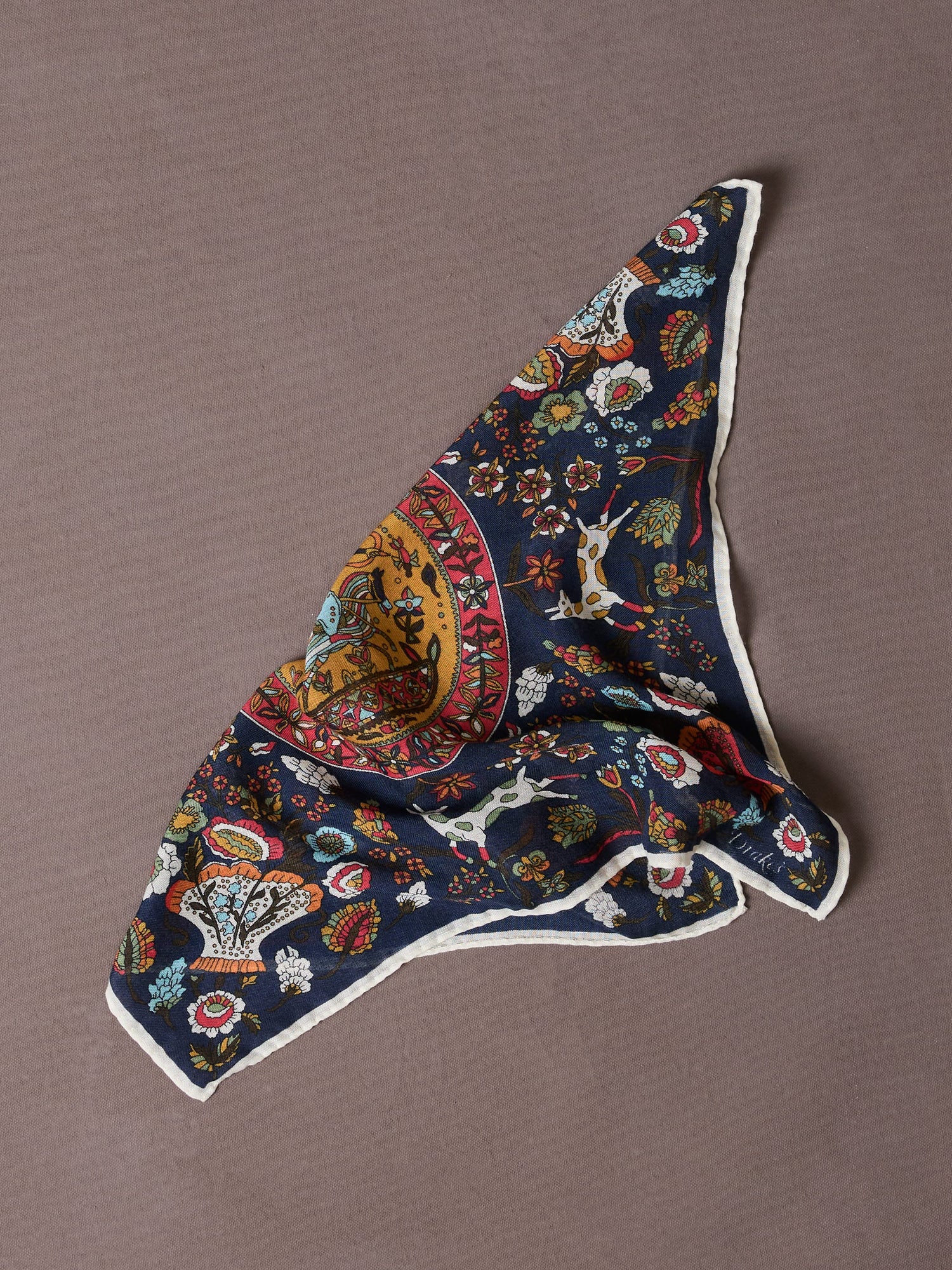 Navy Folk Rider Print Wool-Silk Pocket Square