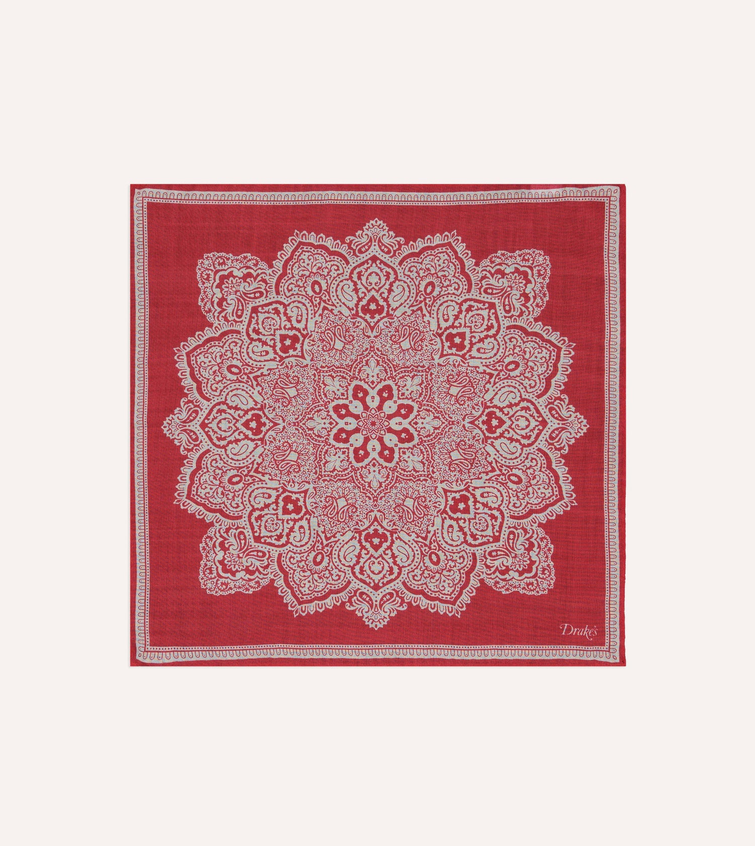 Red Paisley Tile Print Wool-Silk Pocket Square
