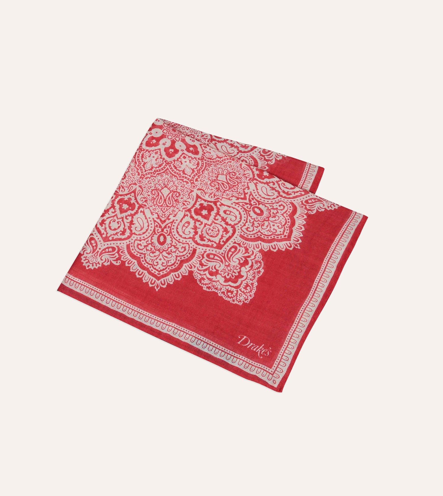 Red Paisley Tile Print Wool-Silk Pocket Square