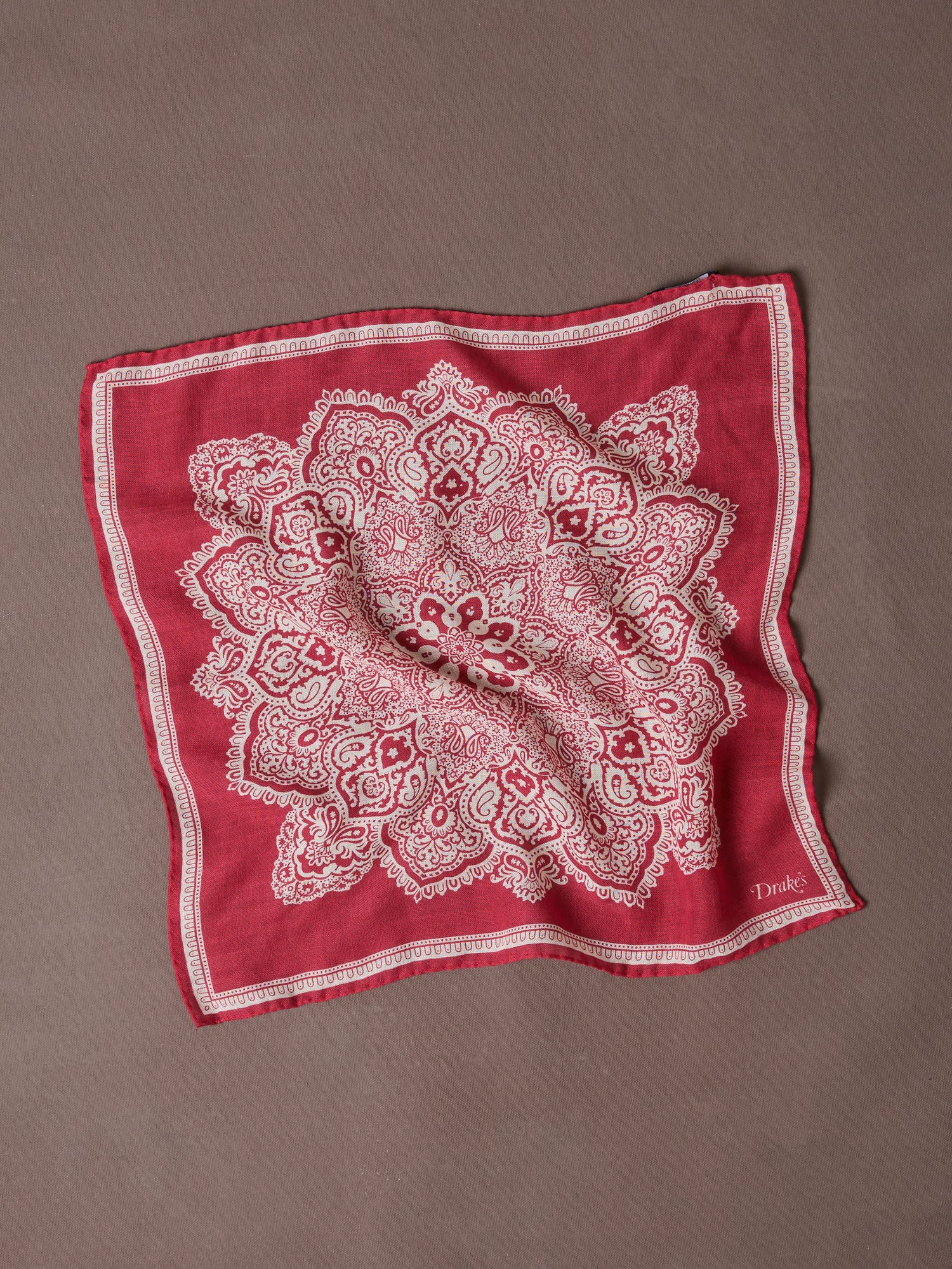 Red Paisley Tile Print Wool-Silk Pocket Square
