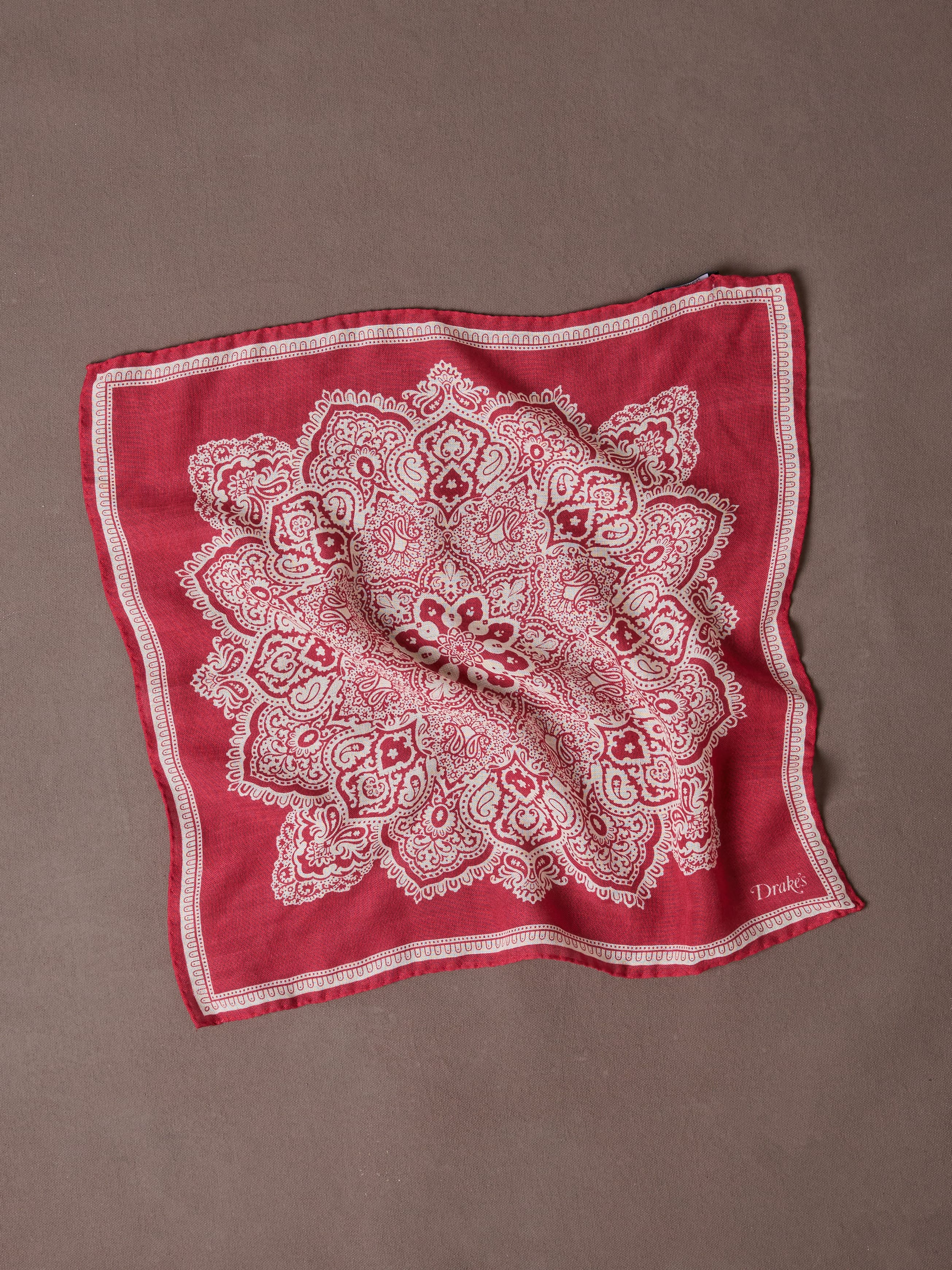 Red Paisley Tile Print Wool-Silk Pocket Square