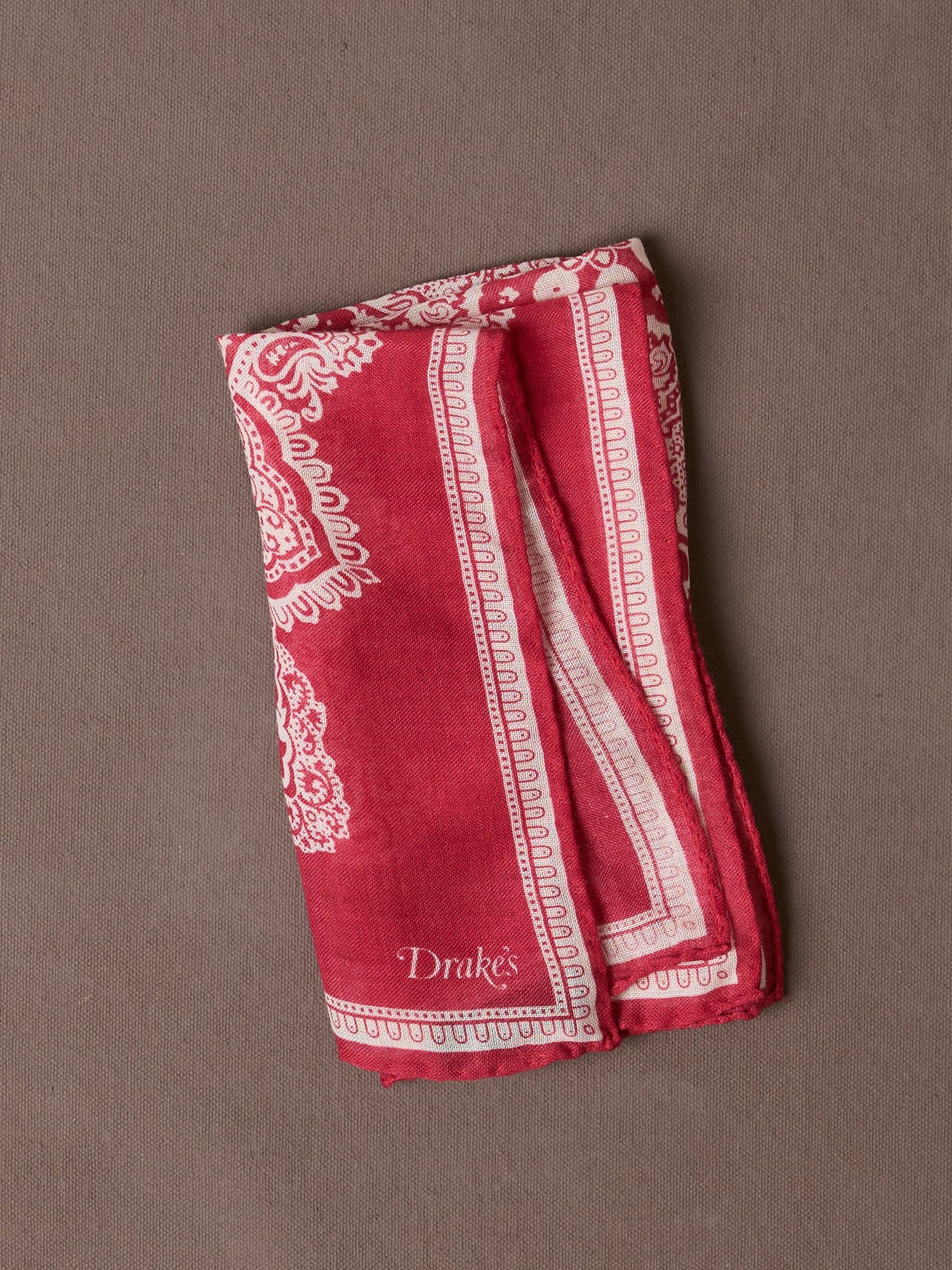 Red Paisley Tile Print Wool-Silk Pocket Square