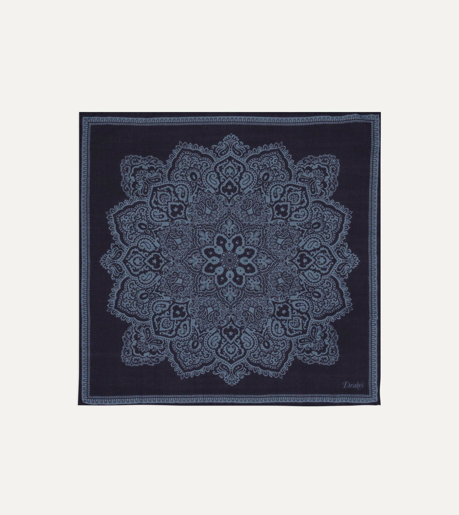 Navy Paisley Tile Print Wool-Silk Pocket Square