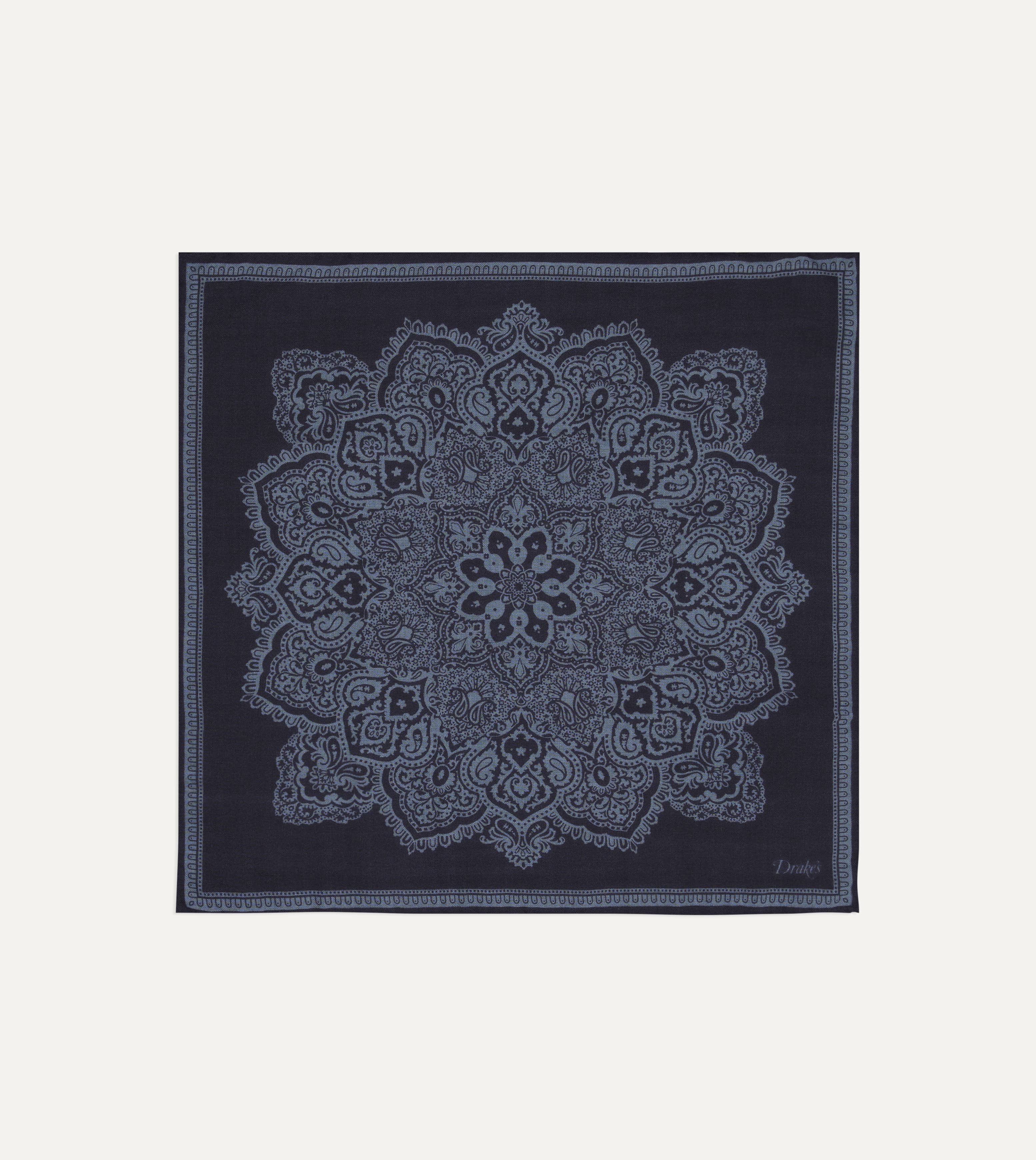 Navy Paisley Tile Print Wool-Silk Pocket Square