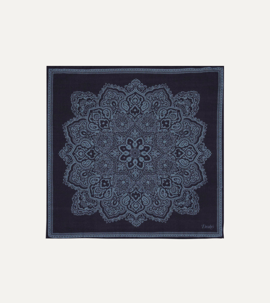 Navy Paisley Tile Print Wool-Silk Pocket Square